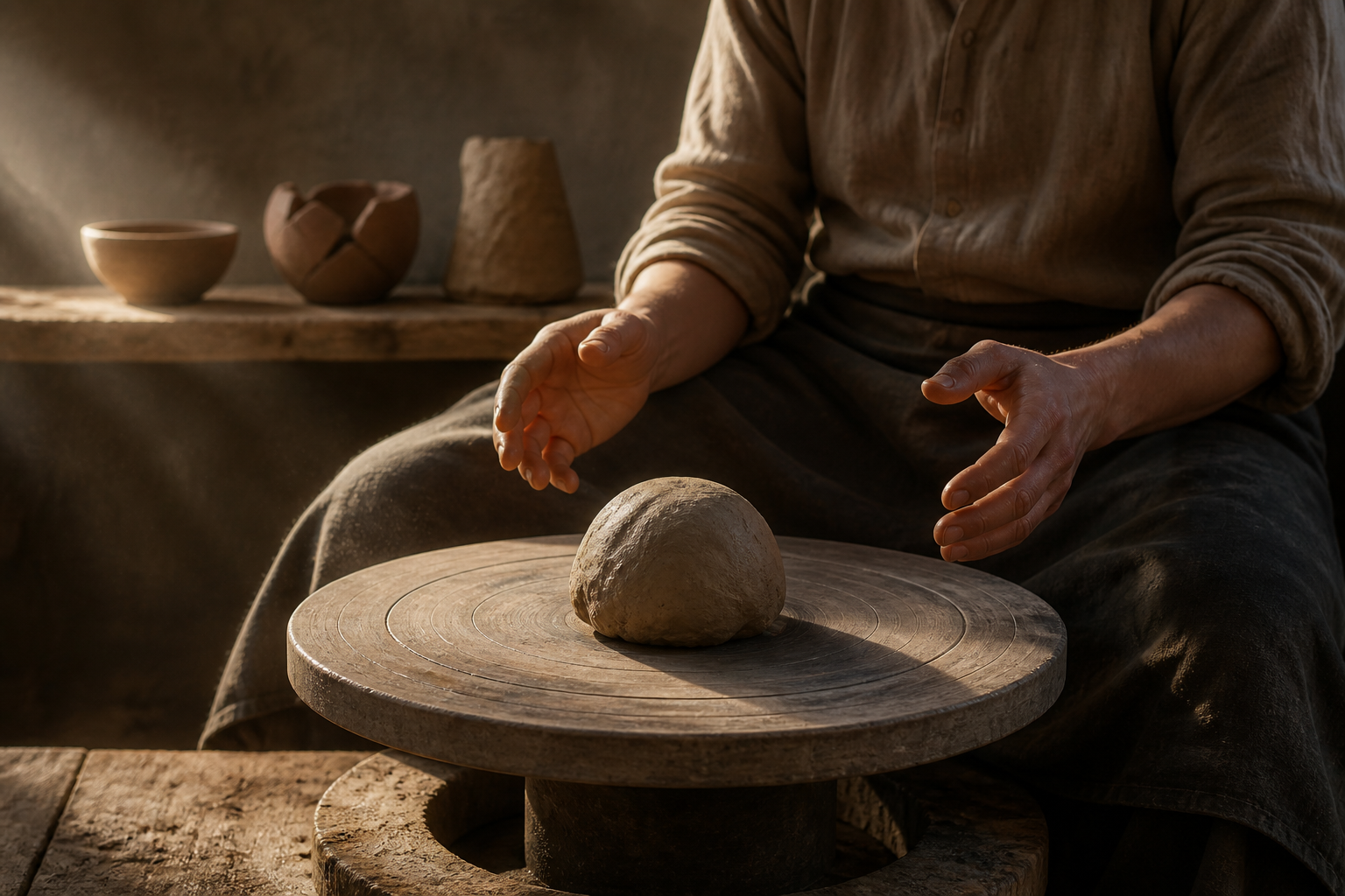 A person sits at a potter's wheel with their hands poised beside an unshaped lump of clay in a dawn-lit workshop.