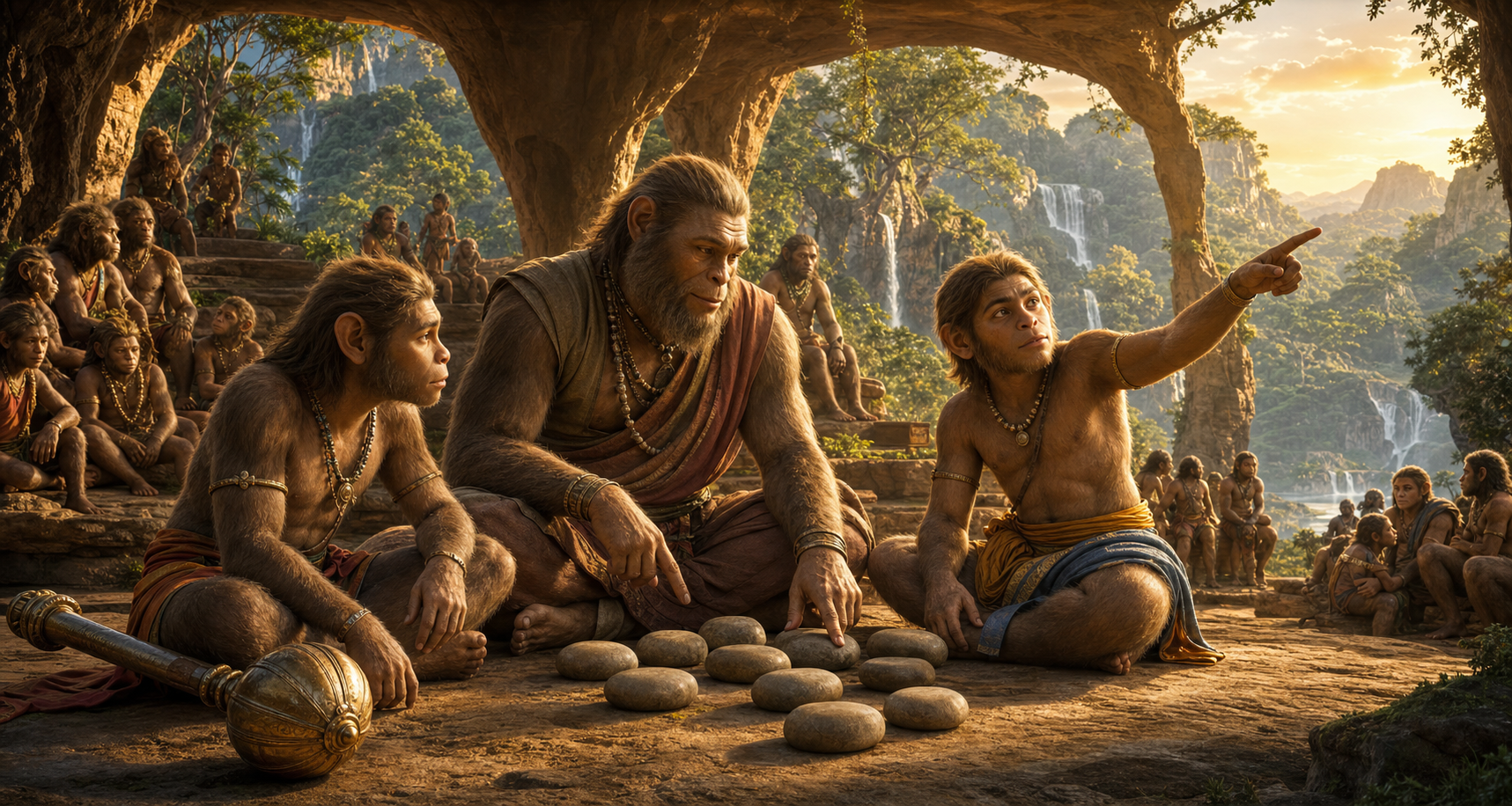 Riksharajas guides the adolescent Bali and Sugriva in a cave court while vanara families and guards occupy the terraces of Kishkindha.