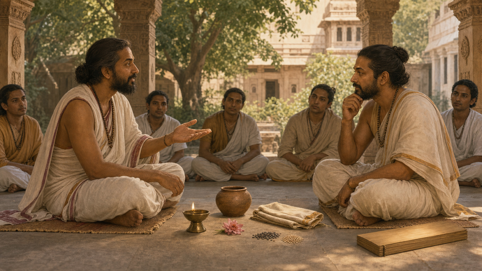 Two scholars hold a calm discussion in a shaded courtyard while students observe and everyday objects rest between the speakers.