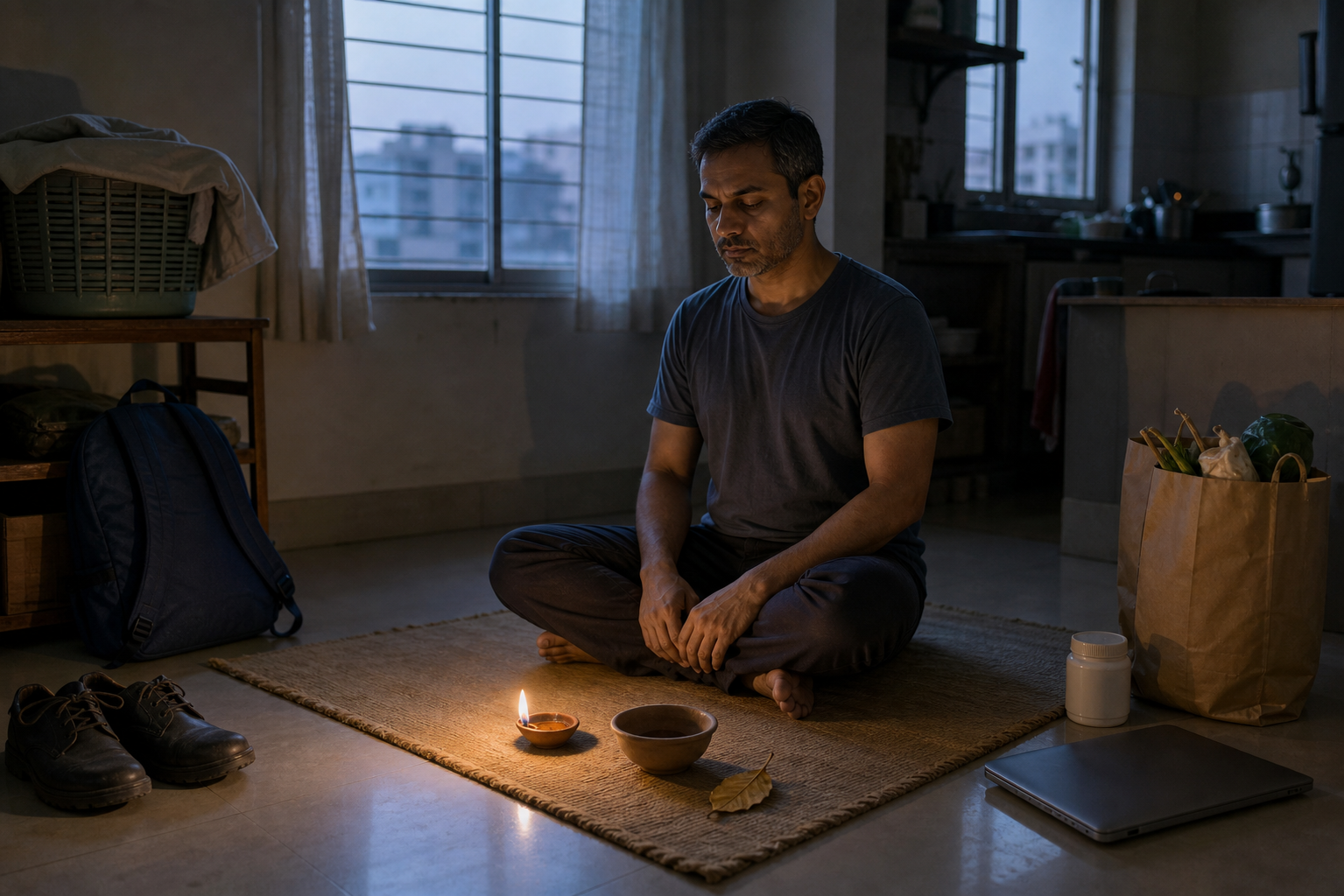 An adult meditates beside a clay lamp and dry leaf in a dawn-lit apartment surrounded by ordinary household items.
