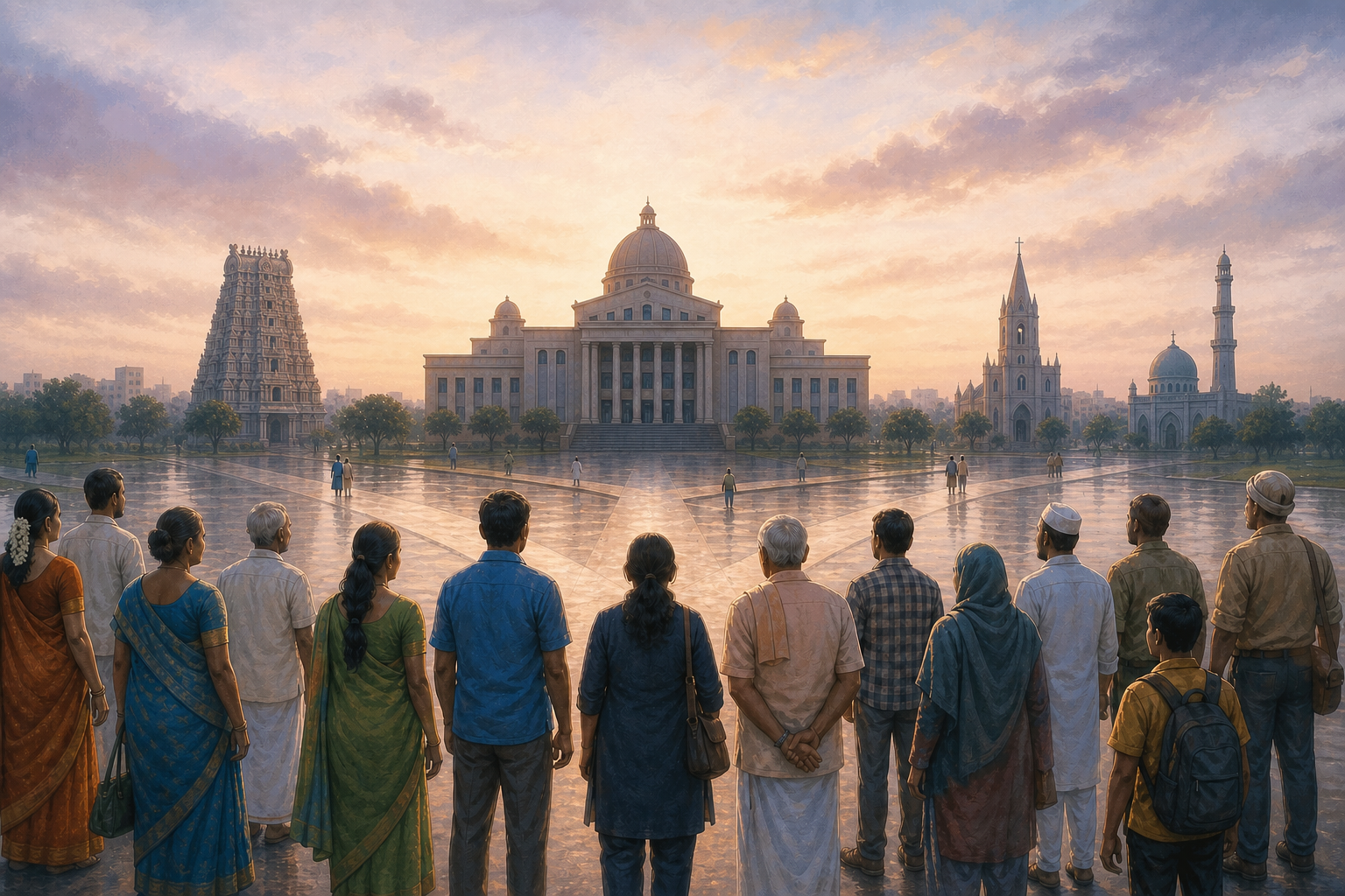 A diverse group of Tamil citizens stands in a civic plaza between a government building and equally prominent temple, church, and mosque silhouettes.