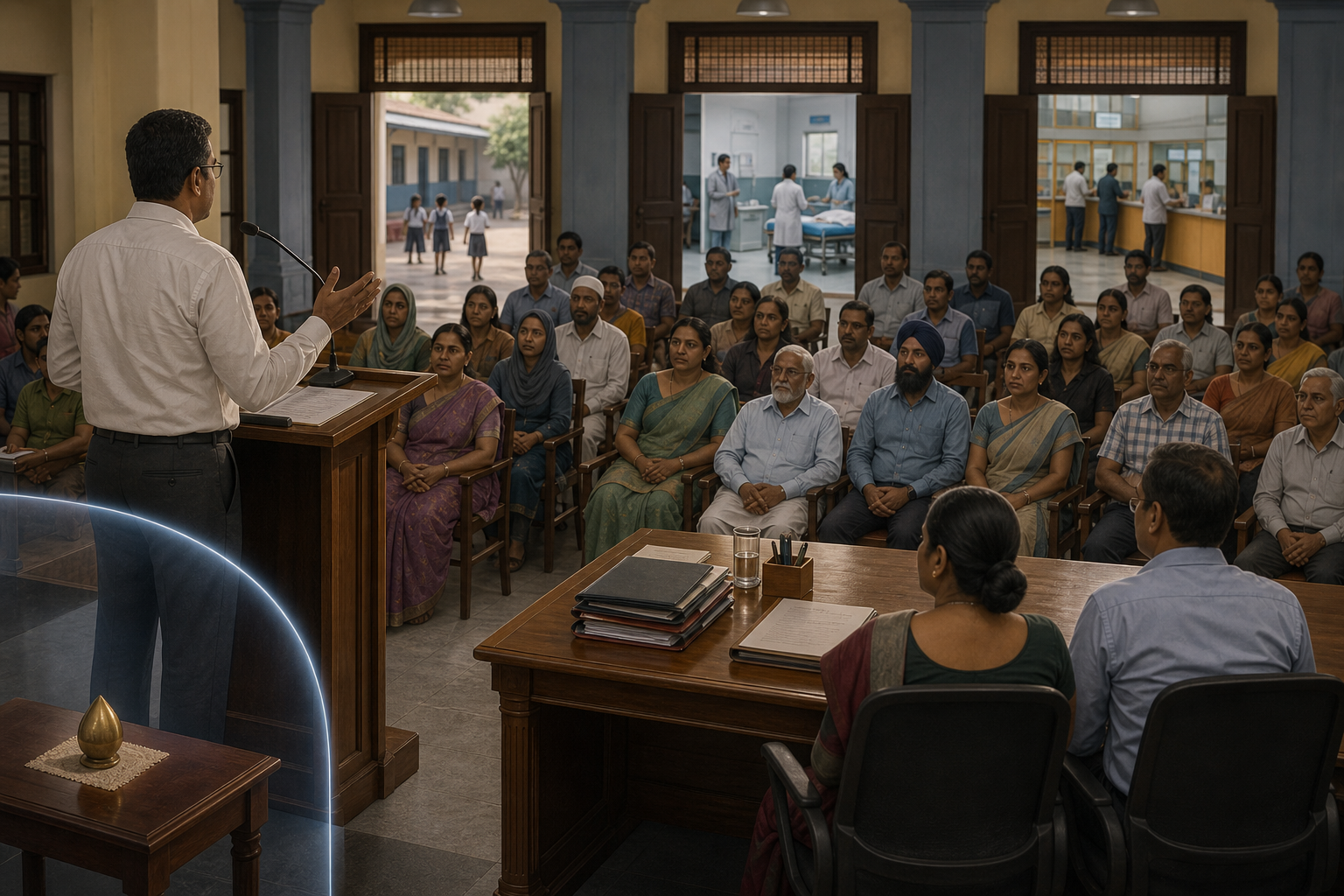 A fictional official addresses a diverse public in a municipal chamber, with civic services visible through open doorways behind the audience.