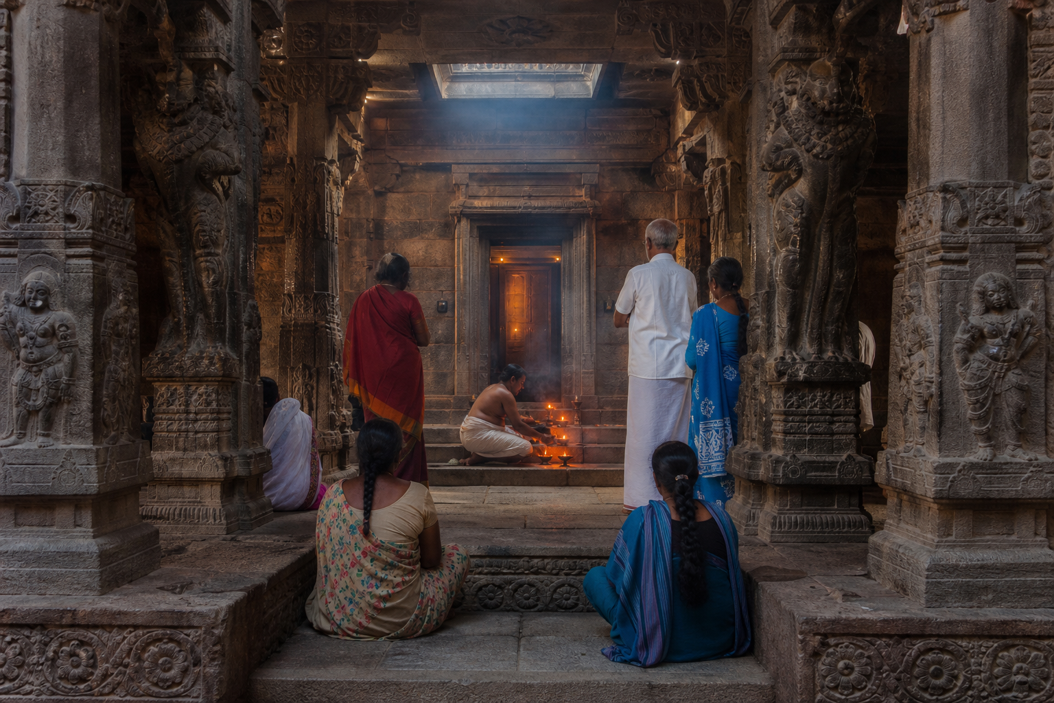 Devotees and a priest worship among carved stone pillars in a Hindu temple mandapa illuminated by dawn light and oil lamps.