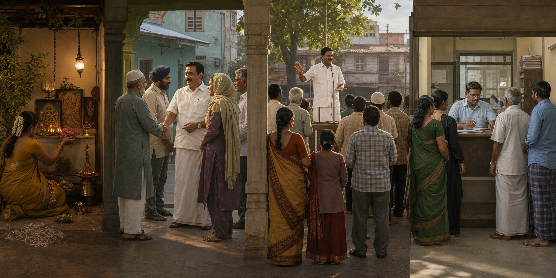 A four-part streetscape shows private worship, an interfaith greeting, a political address, and equal treatment at a public service counter.