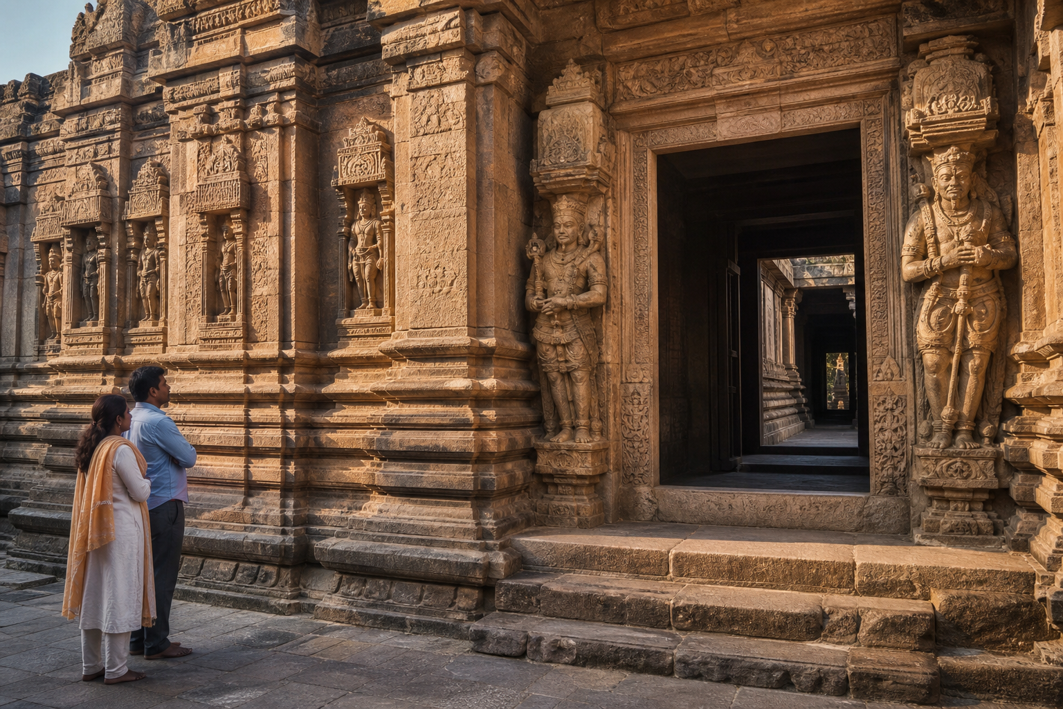 A carved Hindu temple entrance with sculpted niches, guardian figures and aligned architectural spaces viewed in warm side light.