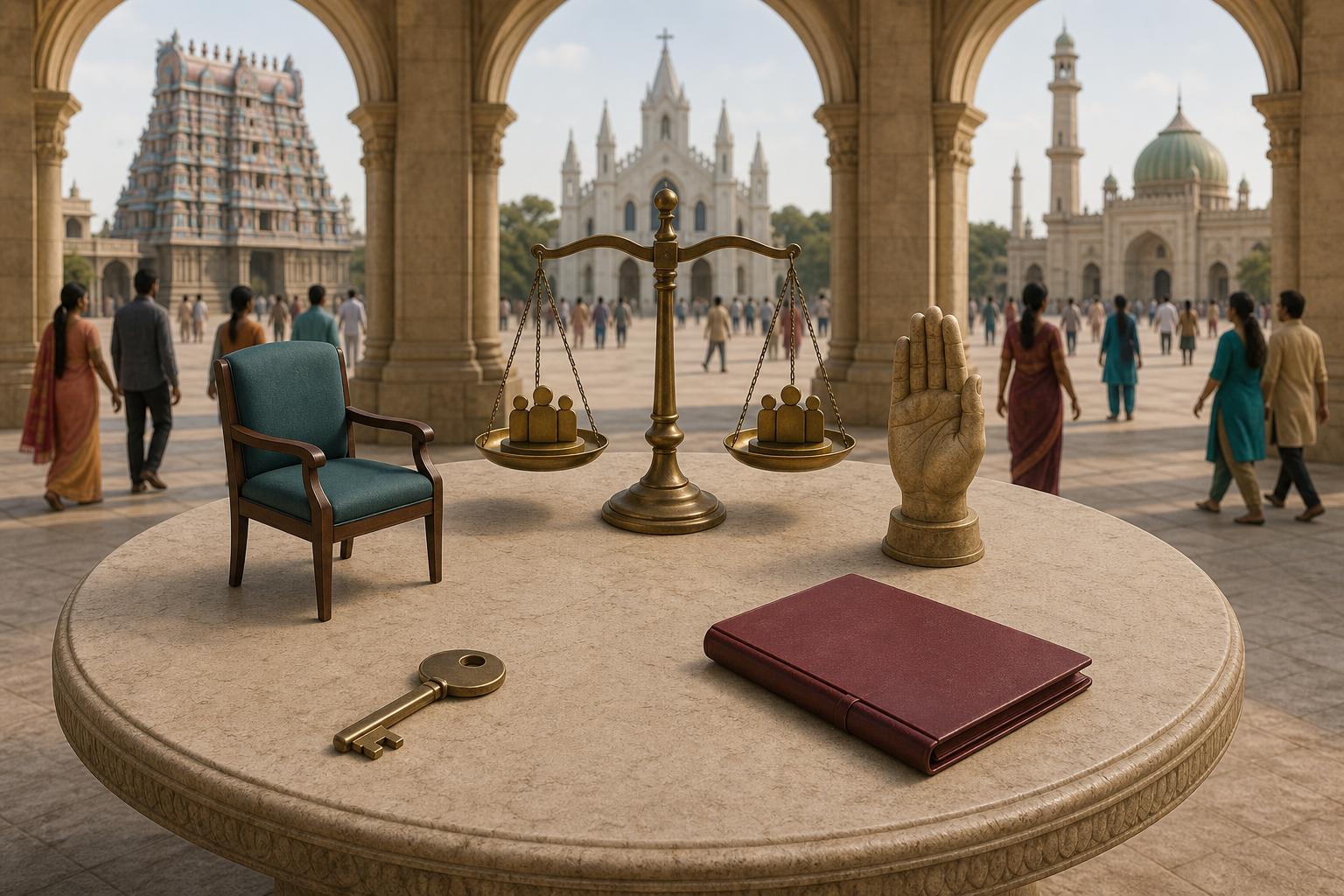 Five unlabeled civic objects, including a key, chair, open hand, folder, and balanced scale, are arranged on a round courtyard table.