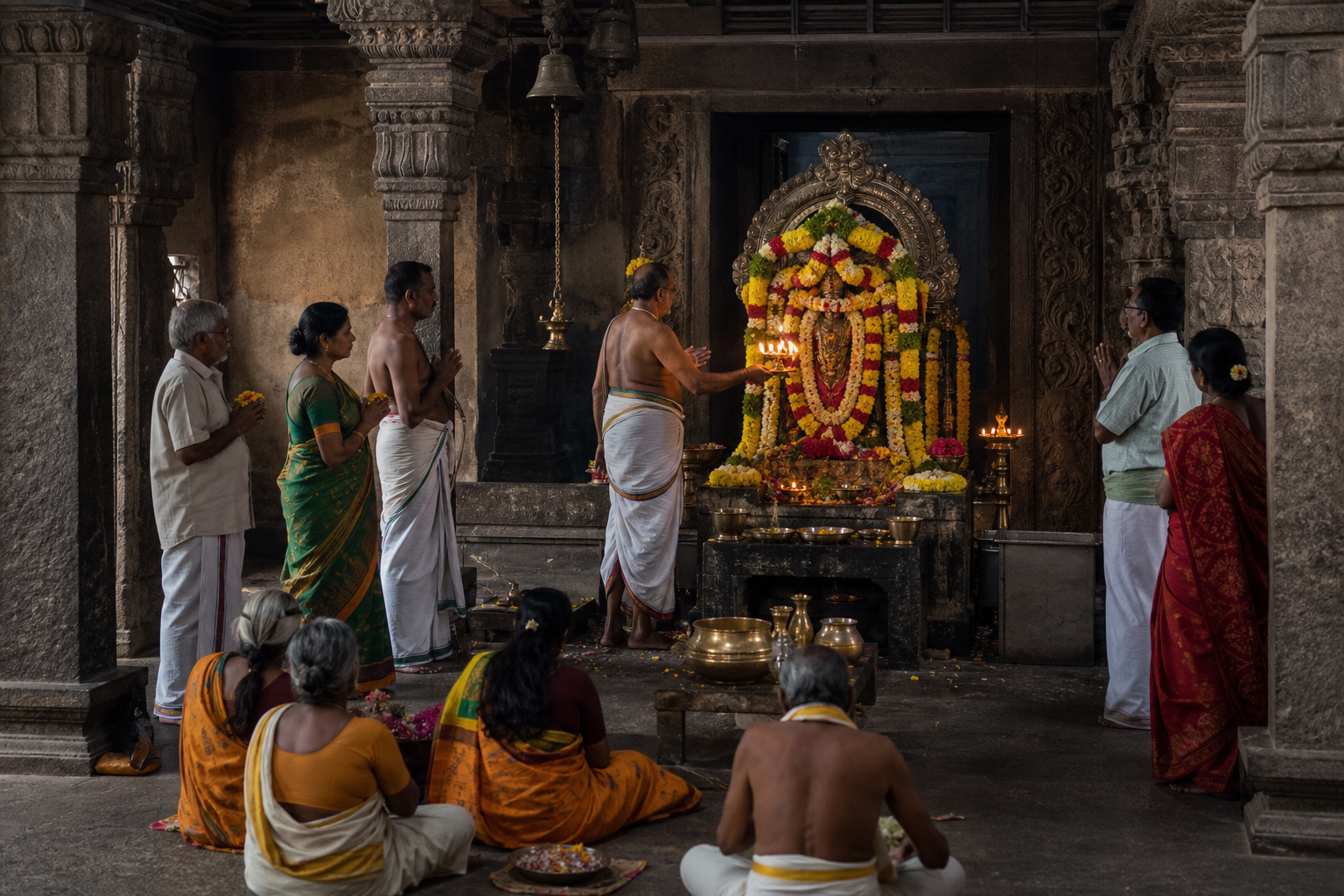 A priest offers an oil lamp at a flower-adorned temple shrine while devotees pray from the surrounding hall.