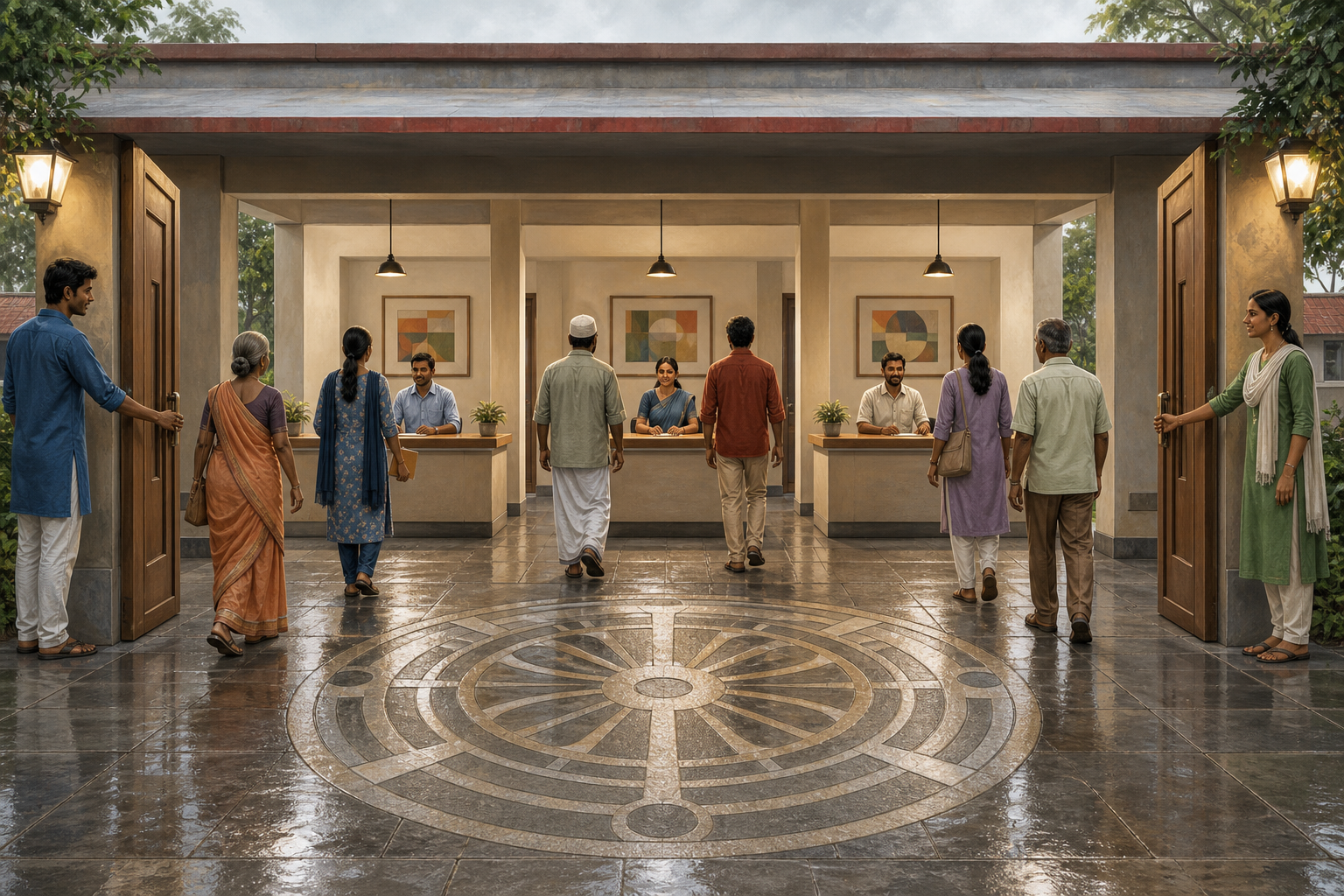 Citizens from varied backgrounds approach equal service desks through matching open doors at a public institution.