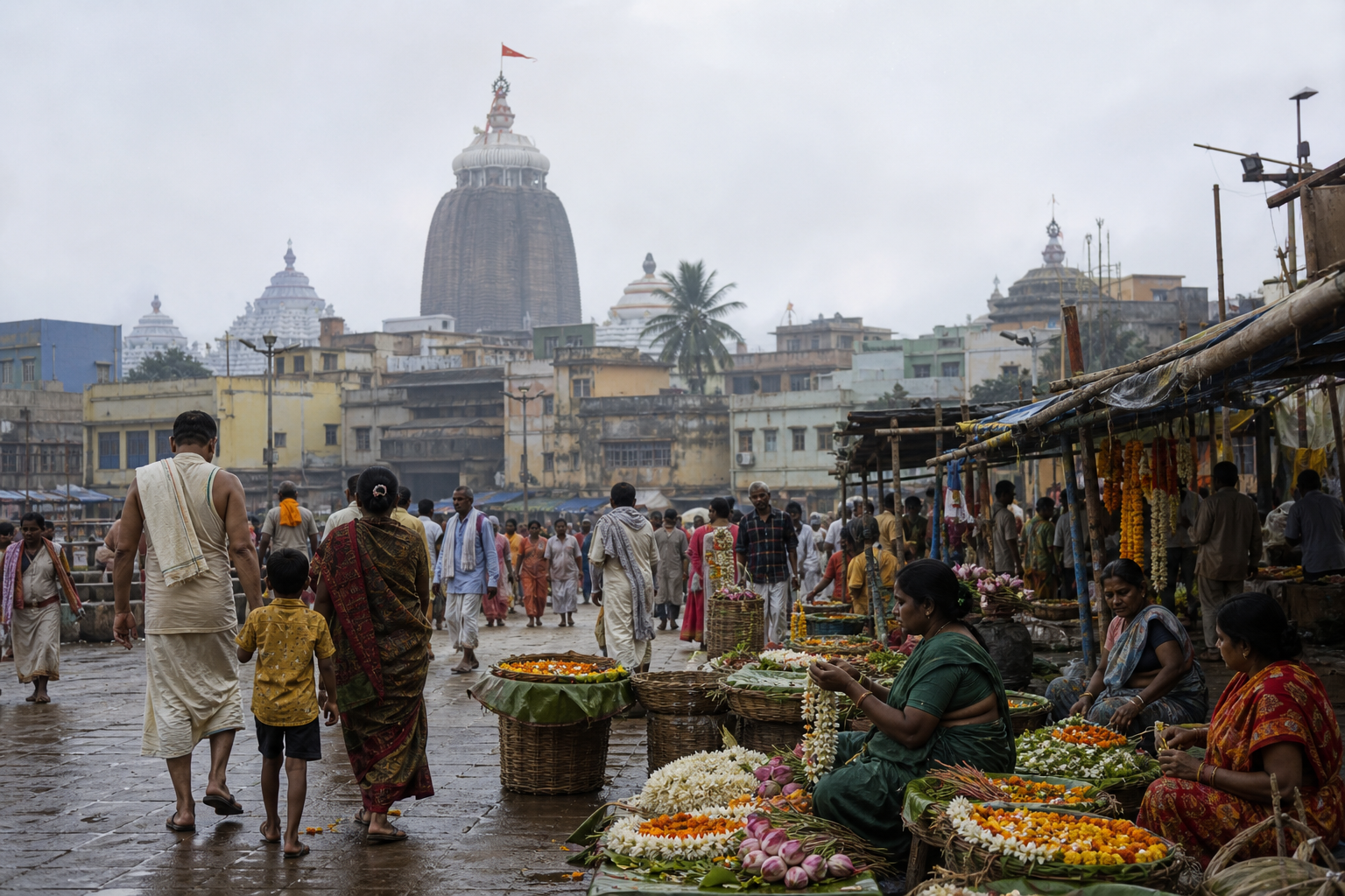 Pilgrims, flower sellers and craftspeople gather in a Puri street beneath a distant Kalinga-style temple tower and cloth flag.