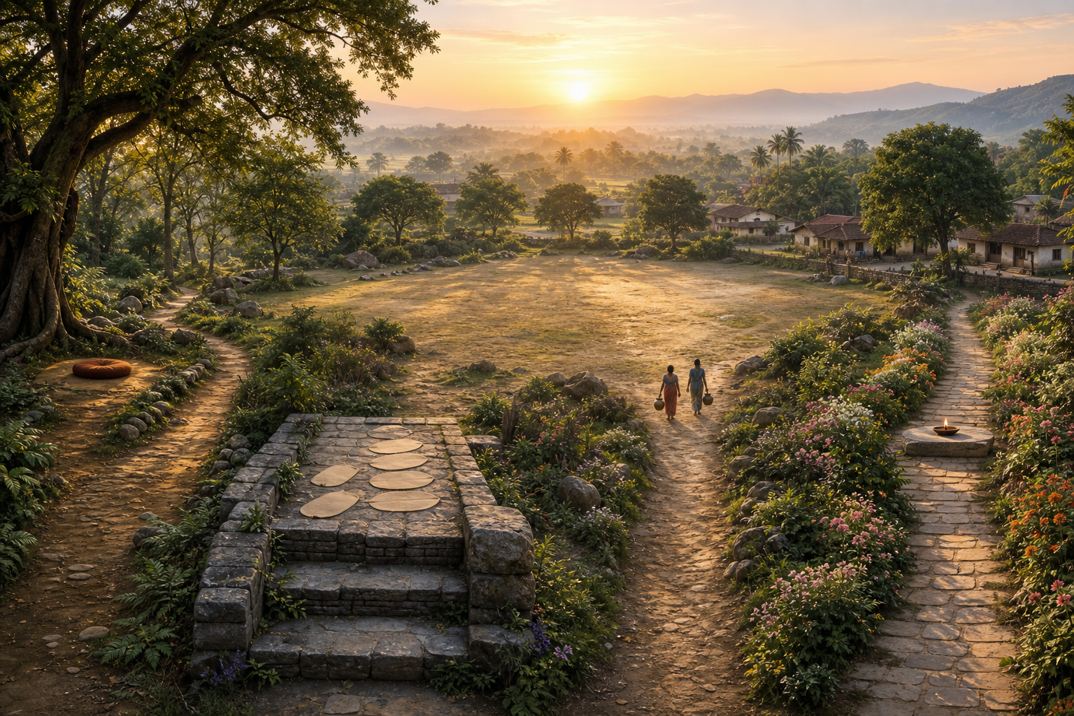 Several separate paths for meditation, study, service, and devotion lead toward a shared sunlit clearing in a dawn landscape.