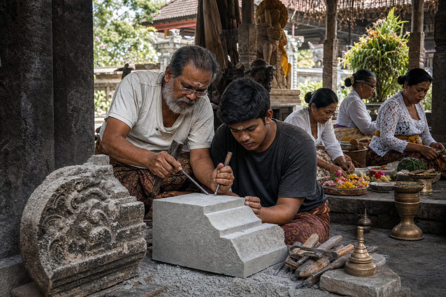 A traditional stone carver guides an apprentice in shaping a temple block while community members maintain ritual materials nearby.