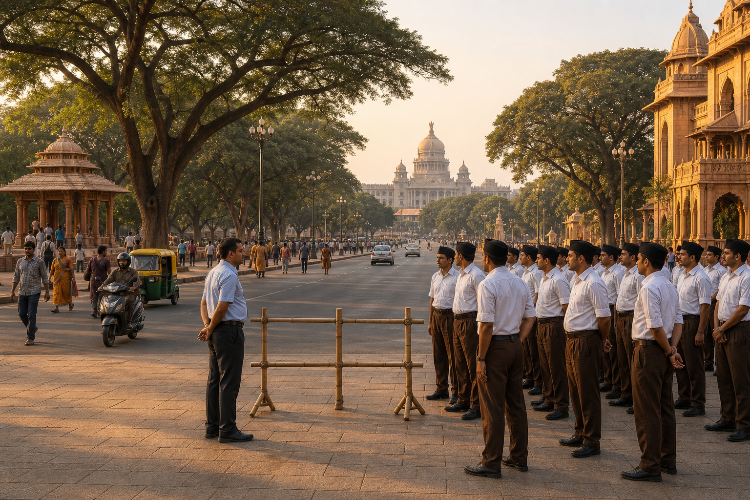 An official manages a Karnataka public square as uniformed volunteers assemble peacefully and other residents continue using the shared space.