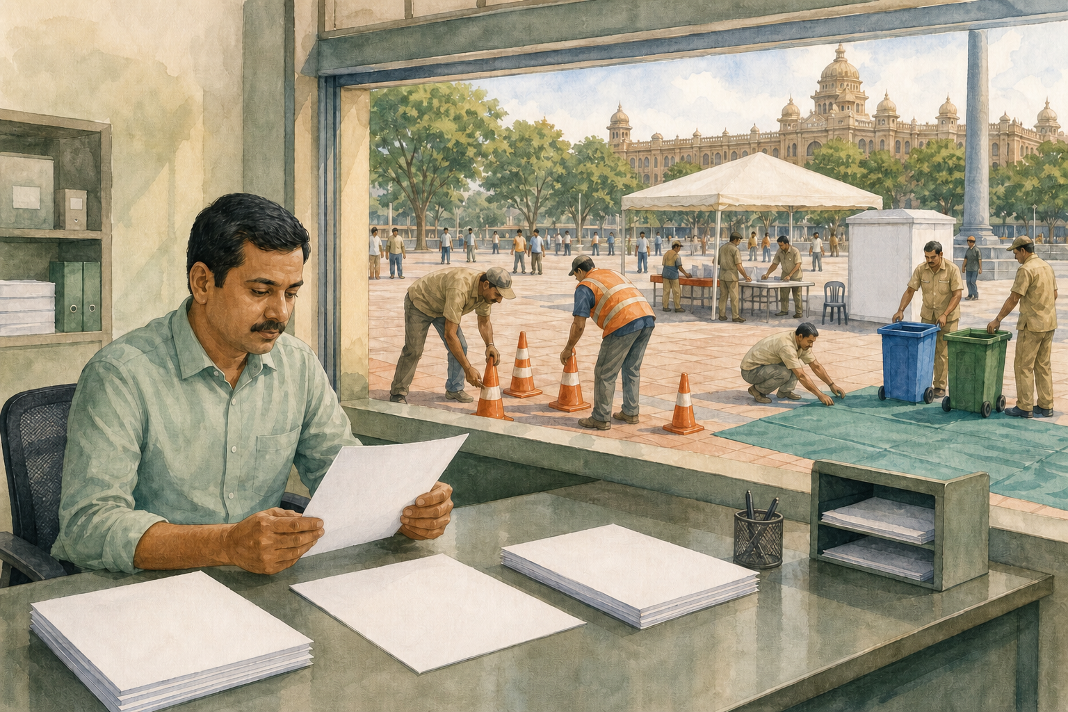A municipal official reviews blank permit papers while workers outside prepare traffic, sanitation, and safety equipment for a public gathering.