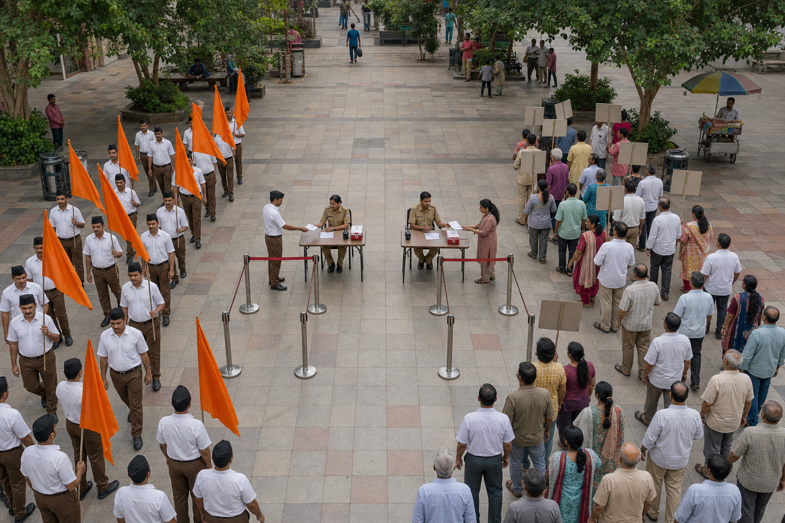 Two peaceful civic groups encounter matching permit checkpoints and identical safety arrangements in the same Karnataka plaza.