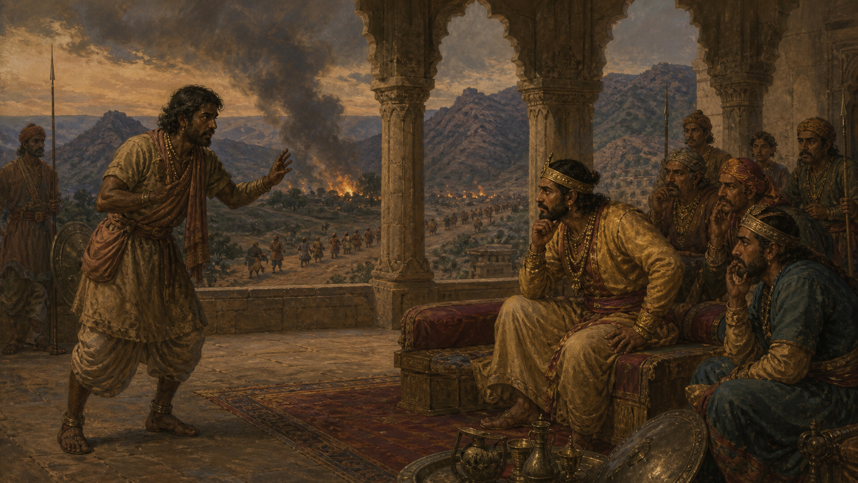 A dust-covered messenger reports to a ruler and anxious courtiers while smoke rises over distant Aravalli villages and families flee along a road.