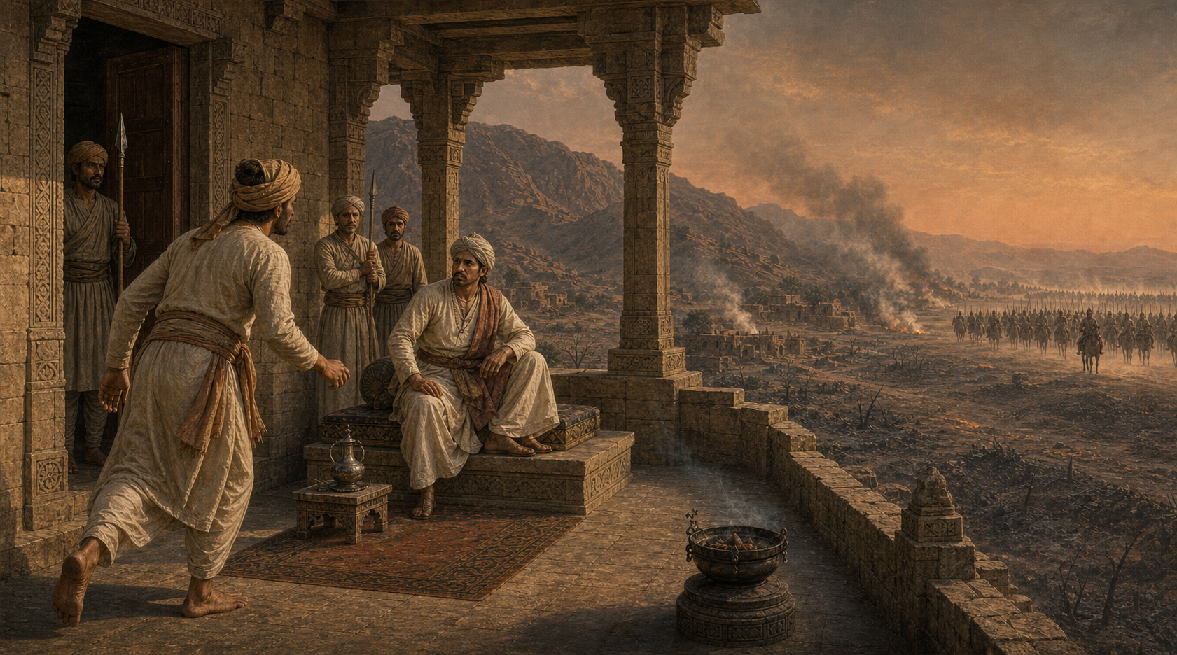 A spy enters a neighboring court as a ruler listens, while burned fields, smoke, and distant mounted troops appear beyond the palace arcade.