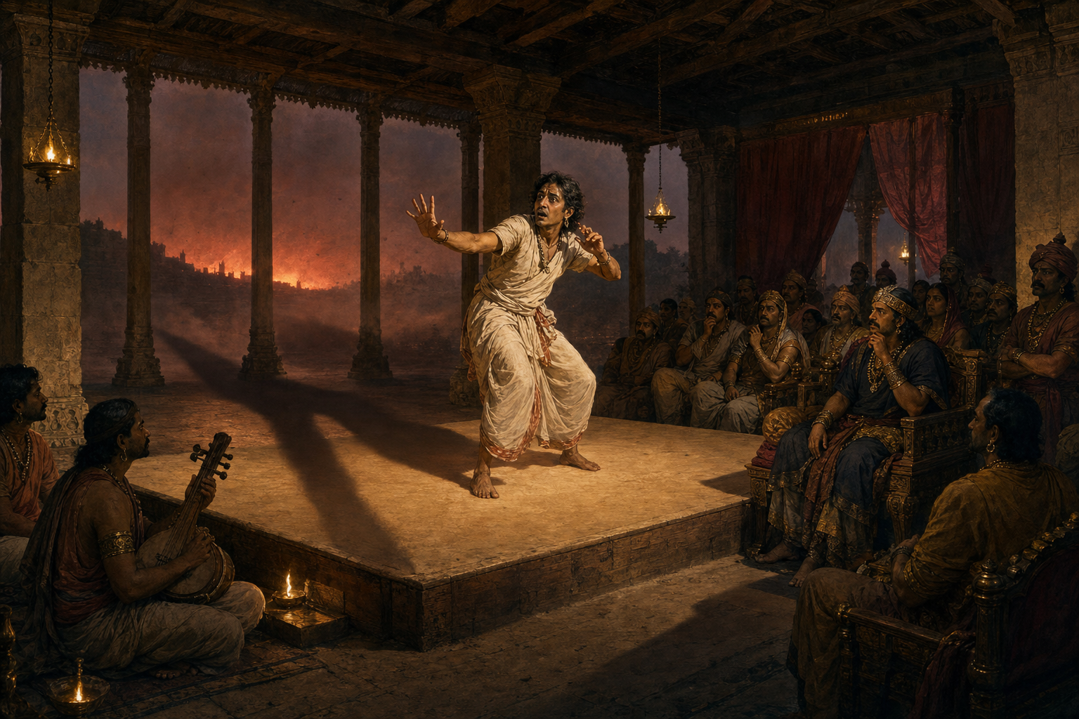 An actor uses expressive gestures to portray a frightened messenger on a sparse court stage as musicians and royal spectators watch anxiously.