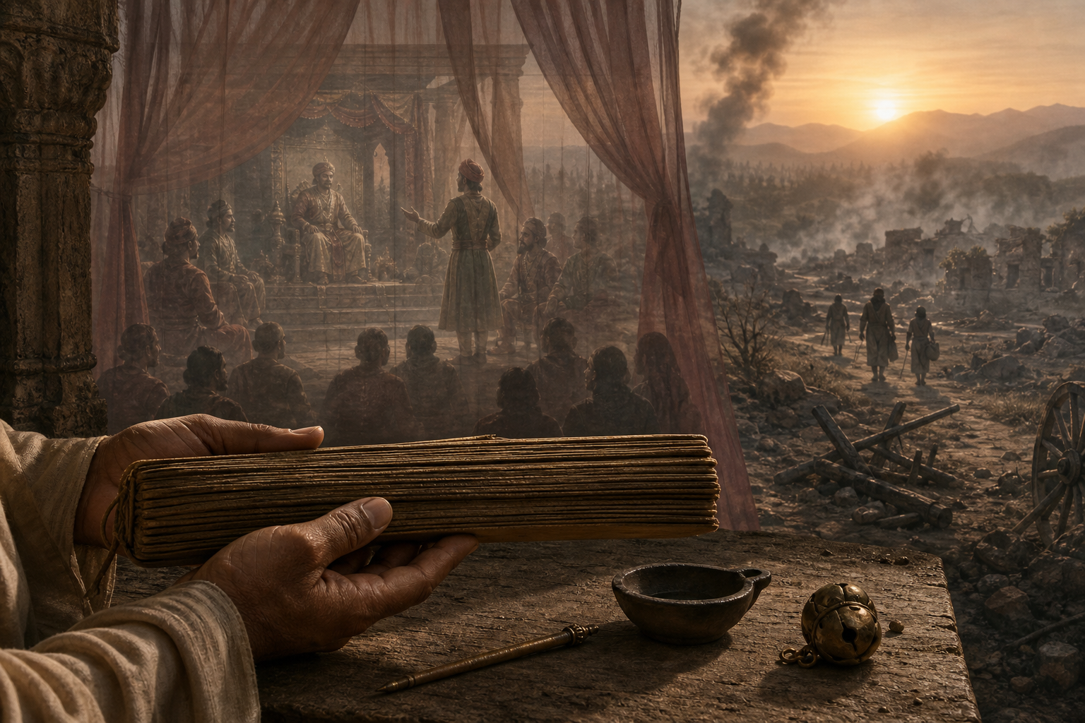 Hands hold the edge of a palm-leaf manuscript before a faint court performance and a hazy, damaged Aravalli landscape.