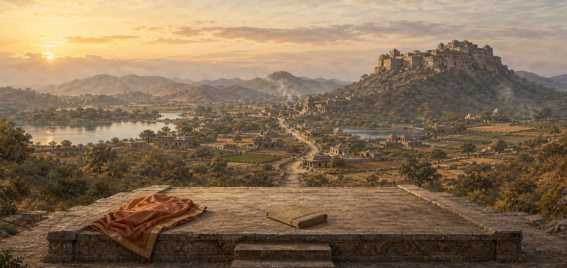 An empty performance platform and closed palm-leaf folios overlook the Aravalli hills, villages, lakes, and a medieval hilltop stronghold at dawn.
