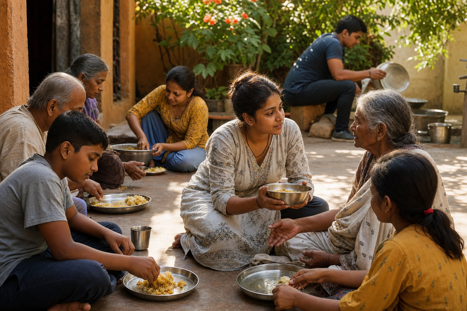 Volunteers serve a simple meal to children, adults and elders seated together in a shaded courtyard.