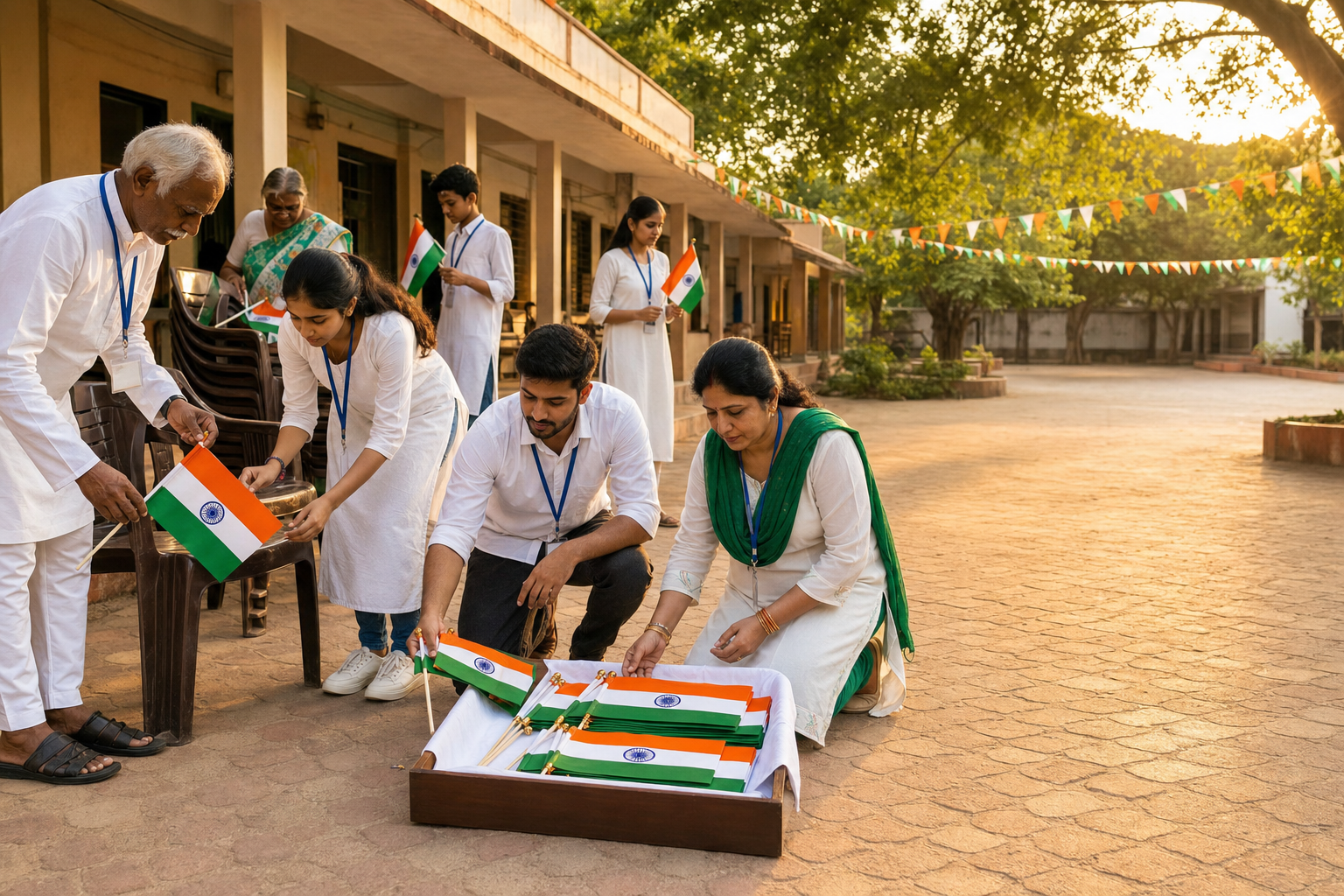 Volunteers carefully collect and store Indian national flags after a community ceremony in a school courtyard.