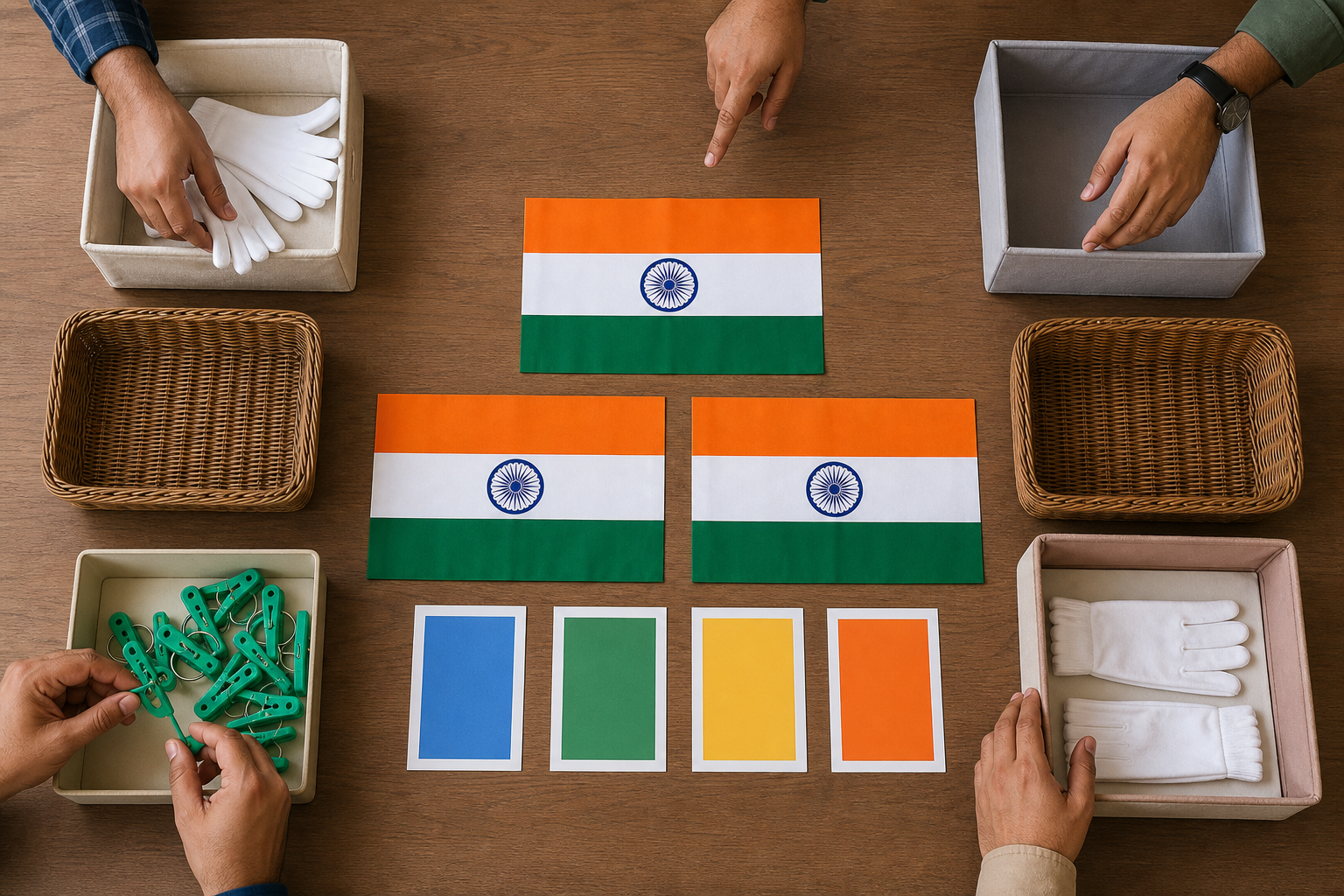Volunteers organize flags, collection baskets, gloves, and storage boxes on a preparation table before a ceremony.