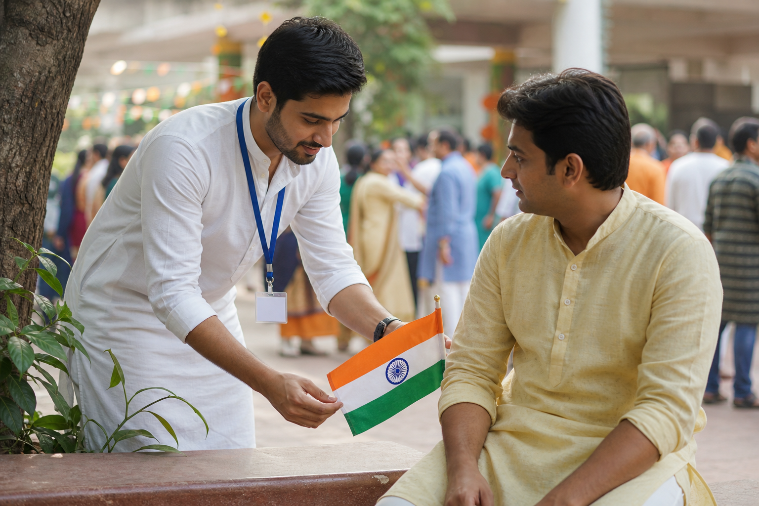 A volunteer discreetly helps an attendee secure an Indian flag at the edge of a community celebration.