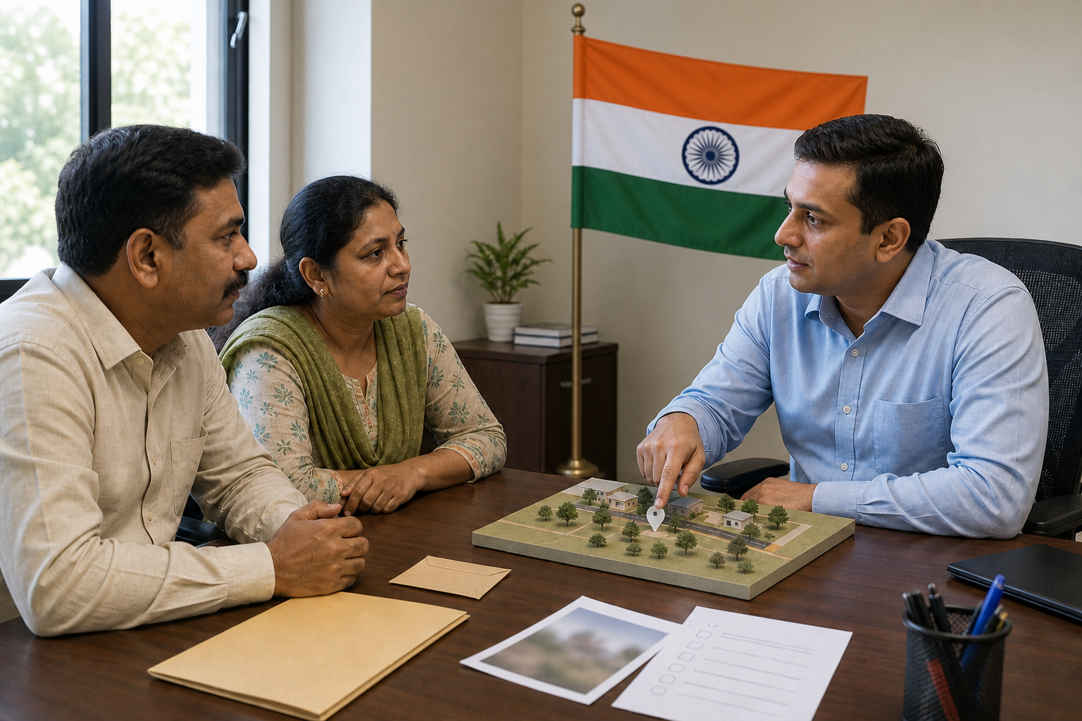 Community representatives present an organized request to an official in a modest administrative office.