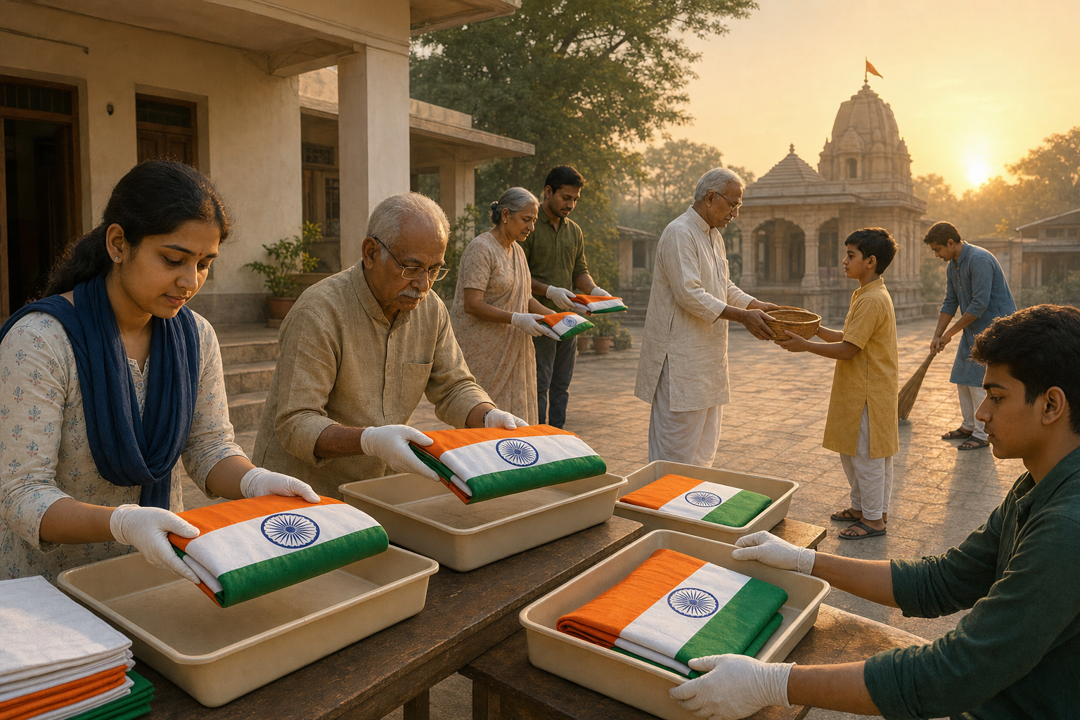 Volunteers carefully inspect and store Indian national flags outside a community hall at dawn.