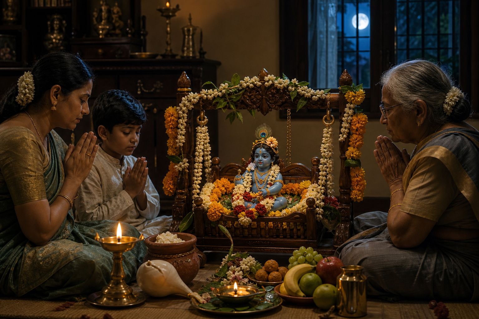 An Indian family prays before a flower-decorated cradle holding a child Krishna murti, with an oil lamp, tulsi leaves, fruit and devotional offerings.