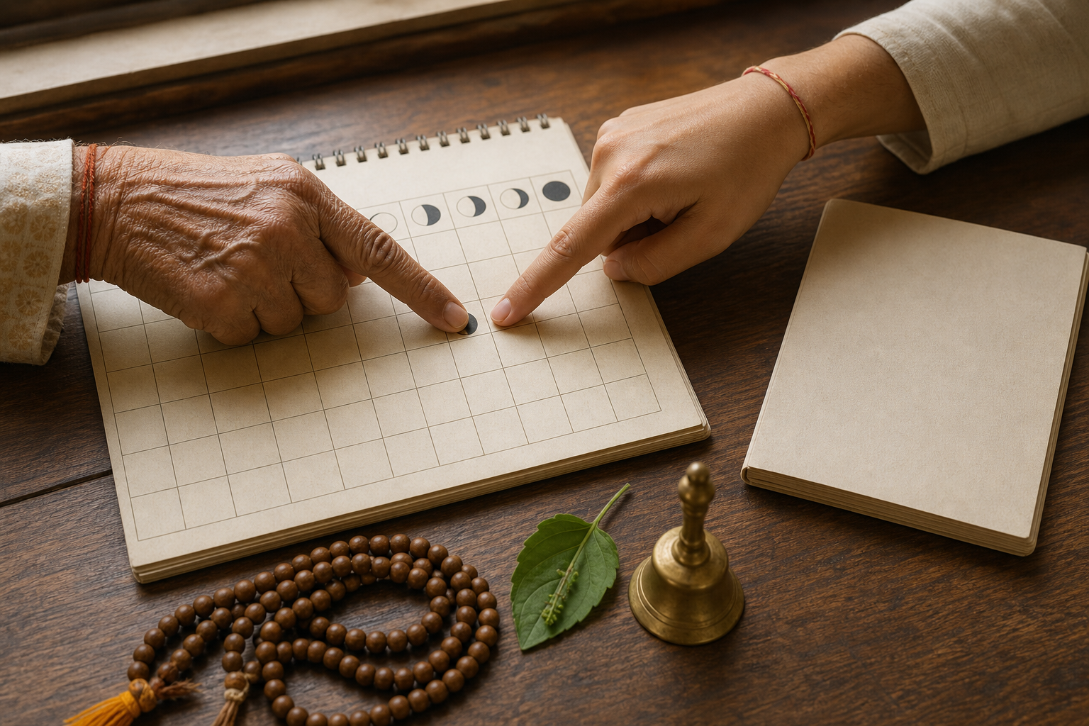 Two people compare moon-phase calendars beside prayer beads, a brass bell and a tulsi leaf on a wooden table.