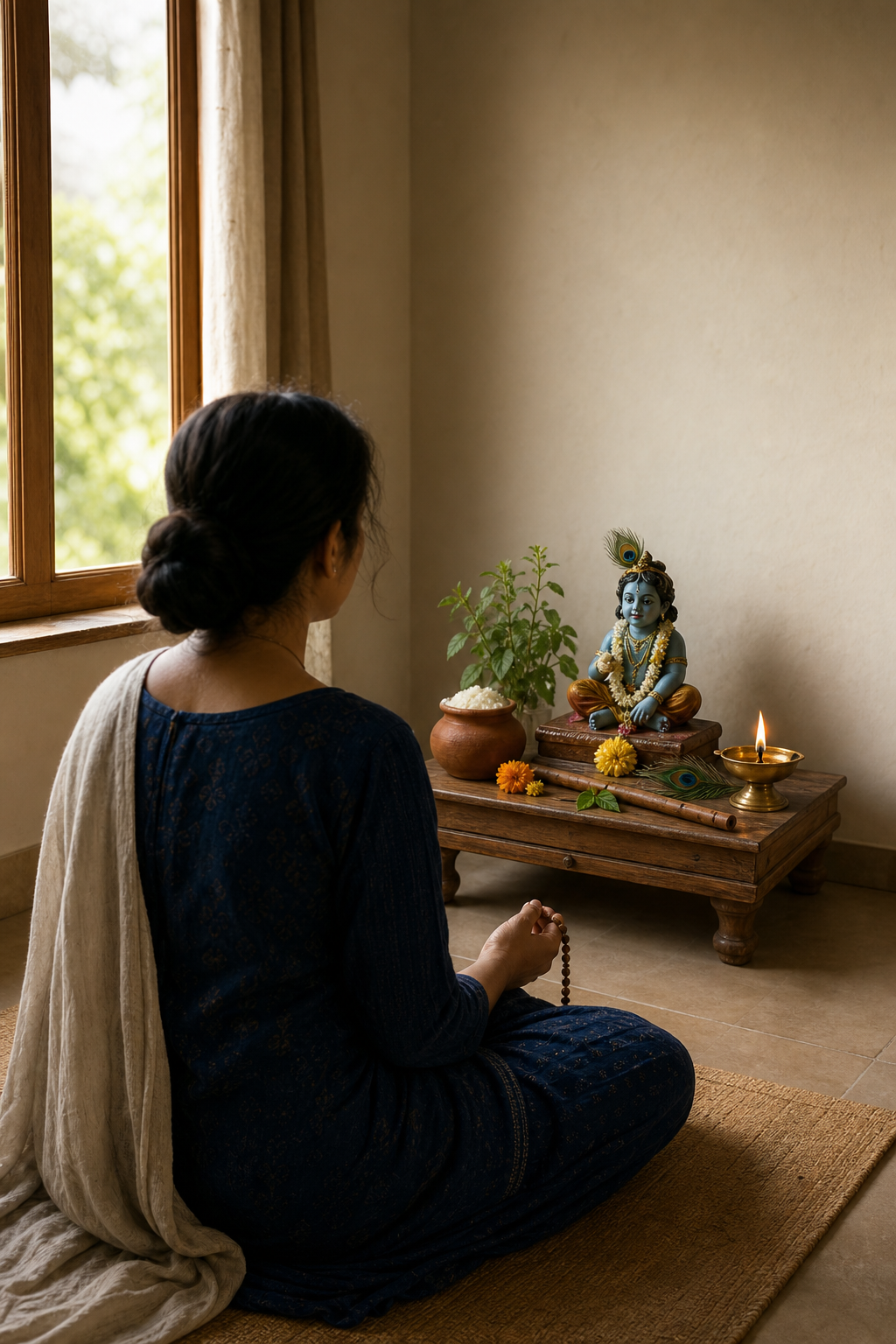 A devotee sits with prayer beads before a simple Krishna altar decorated with a lamp, flowers, tulsi leaves, a flute and a butter pot.