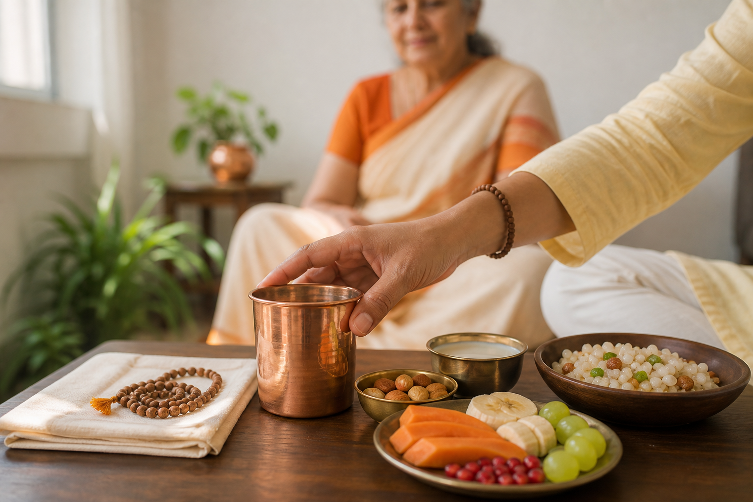 Water, fruit, nuts, milk and simple fasting foods sit beside prayer beads as a devotee reaches for the cup.