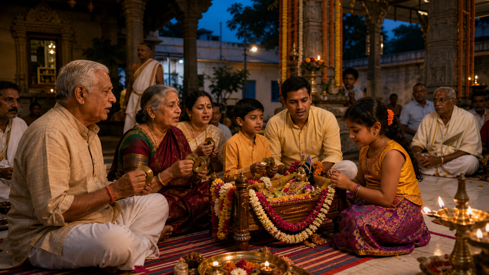 Several generations gather in a temple courtyard to sing, play hand cymbals and gently rock a flower-decorated cradle holding a child Krishna murti.