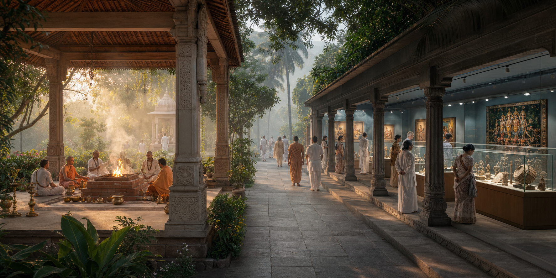A connected Mayapur campus scene with a fire-ritual pavilion on one side and a devotional museum gallery on the other.