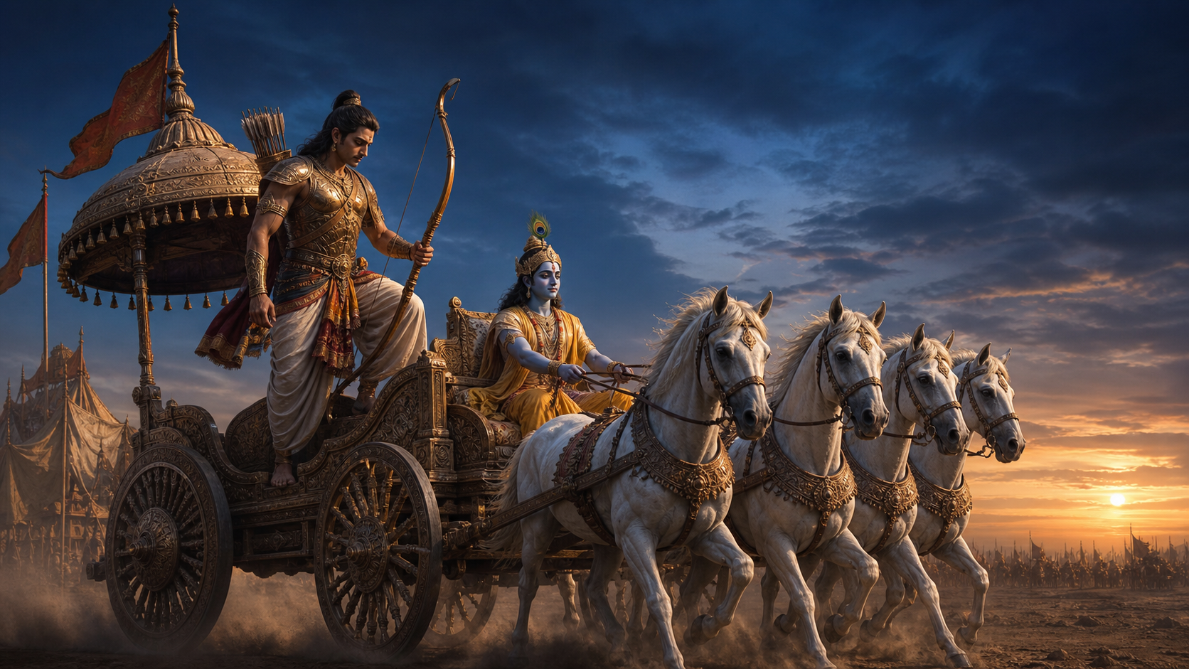 Arjuna boards a chariot with his bow and quiver while Krishna holds the reins of four white horses at dawn.