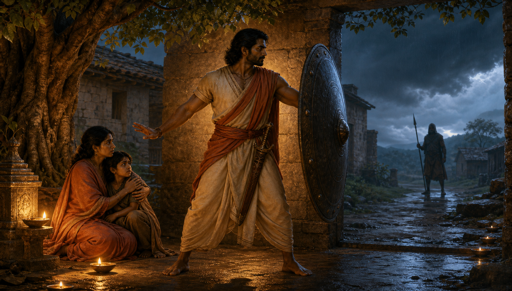 A guardian raises a shield between an approaching aggressor and a mother with a child in a village courtyard.