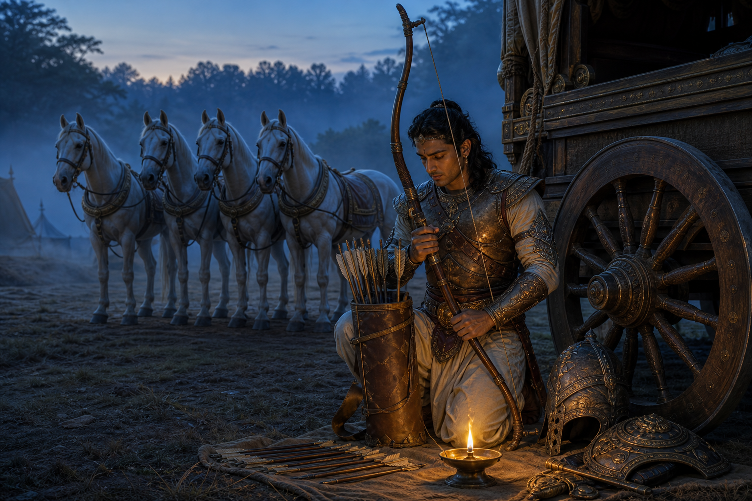 Arjuna checks his bowstring and arranges arrows beside an armored chariot before sunrise.