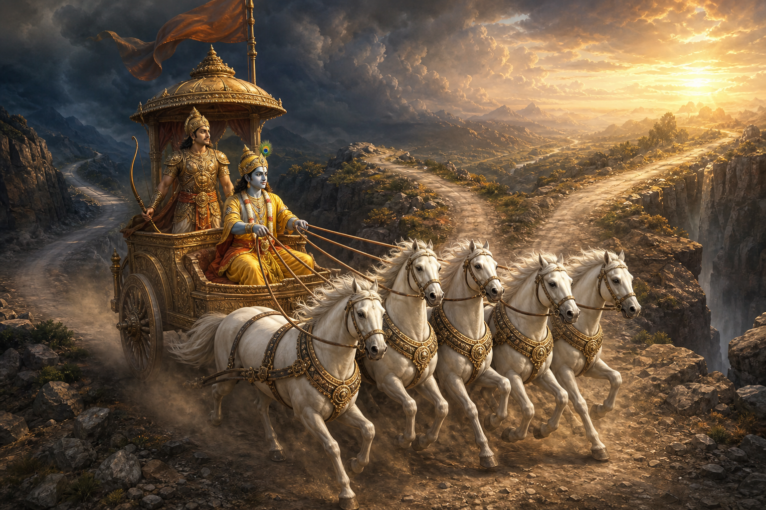 Krishna calmly guides four white horses along a difficult road while Arjuna stands behind him in the chariot.