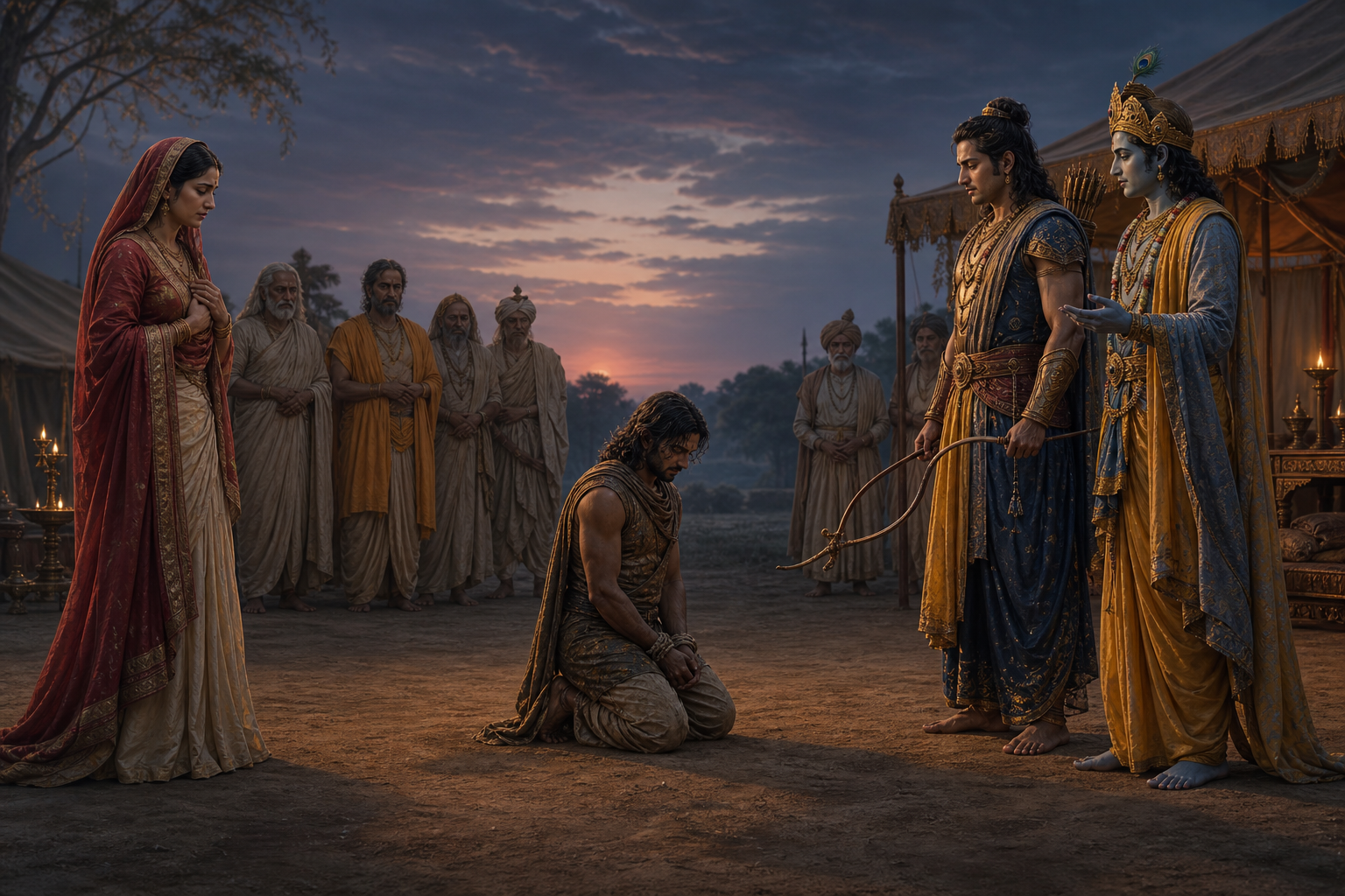 Arjuna lowers his bow before a restrained captive as Krishna, a grieving woman, and elders consider what should happen next.