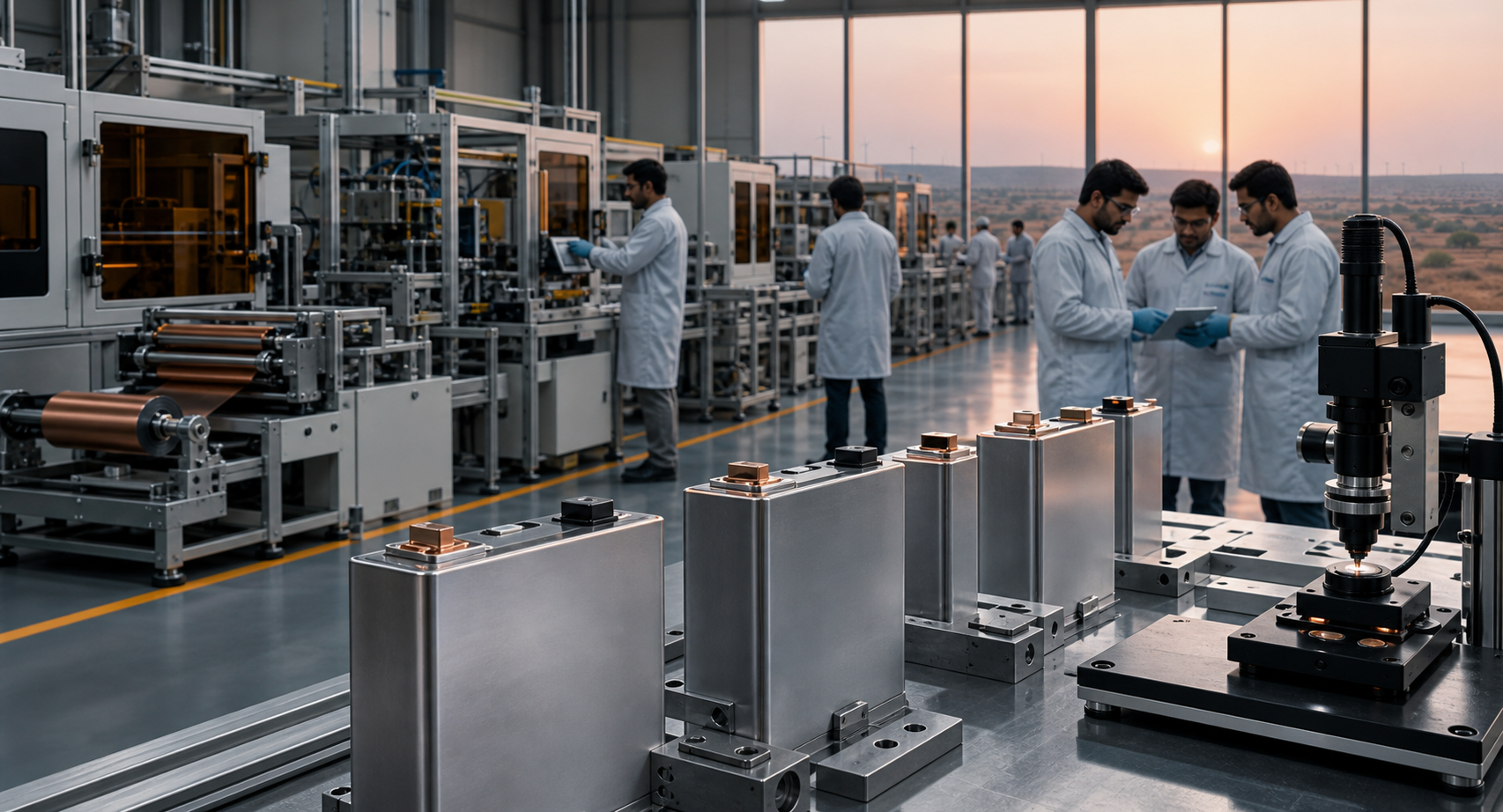 Indian engineers inspect unbranded prismatic battery-cell prototypes on a pilot production line in a modern facility overlooking a dry western Indian landscape.