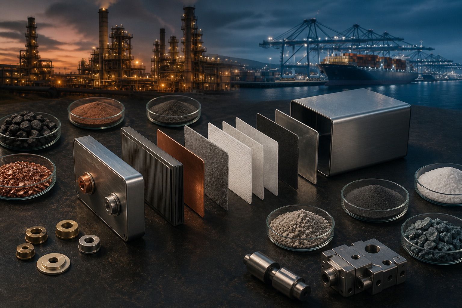 An exploded battery cell assembly sits between a domestic industrial landscape and a distant cargo port, with raw materials and components arriving from multiple sources.
