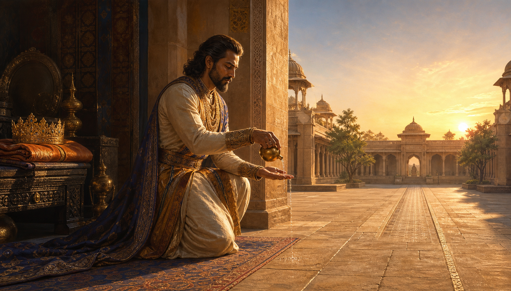 An ancient Indian king pours water from a ritual vessel in a palace courtyard while royal treasures remain in shadow behind him.