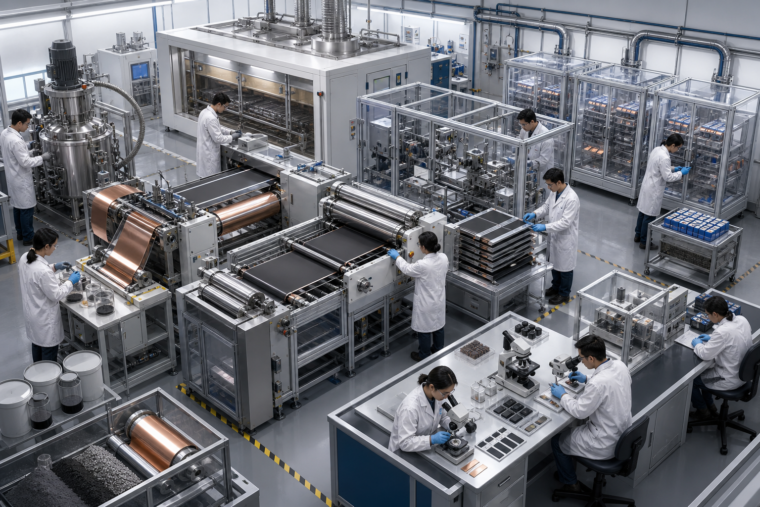 A cutaway view of a battery pilot line shows electrode processing, cell assembly, formation cycling, and laboratory inspection by engineers.