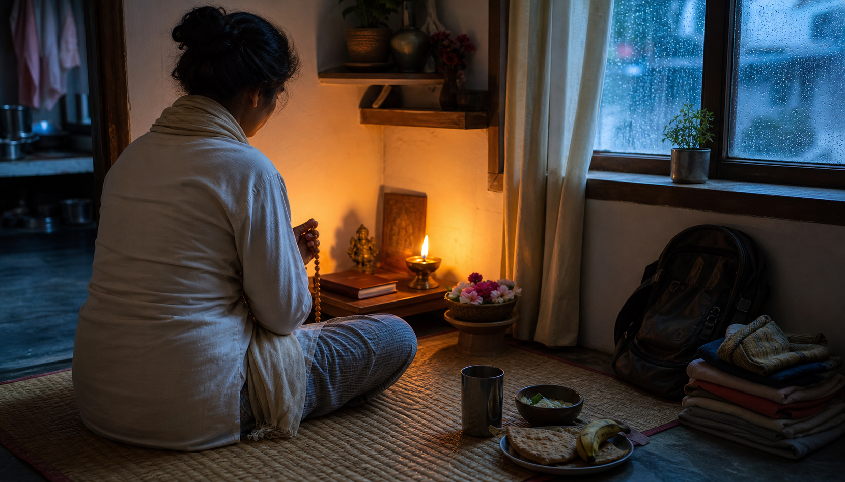 A householder meditates with prayer beads at a small home shrine before sunrise, with work and household items nearby.