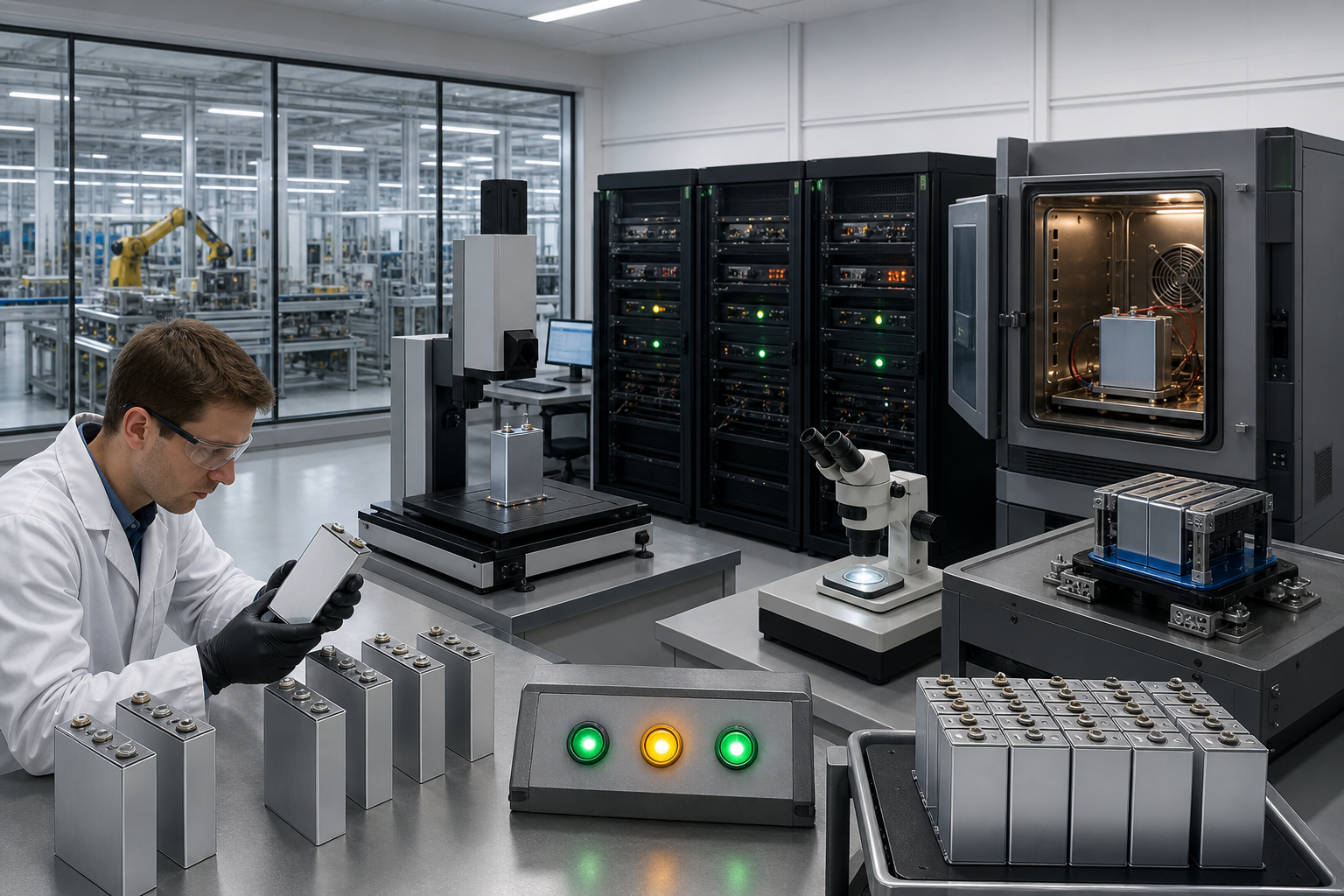 Unbranded prismatic battery cells undergo dimensional, cycling, thermal, microscopic, and vibration tests in an independent validation laboratory.