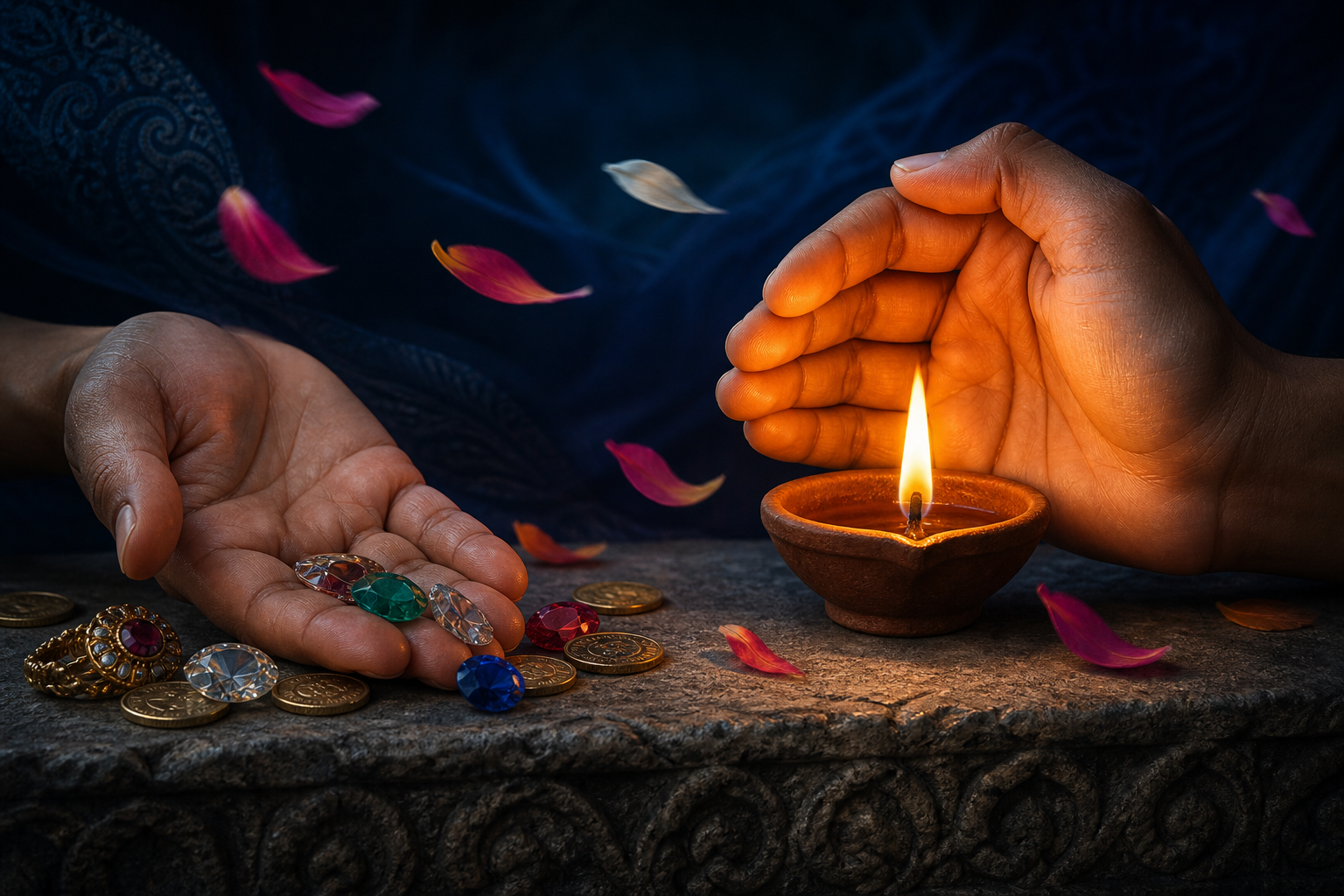 One hand shields the flame of a clay oil lamp while another opens beside unattended jewels and coins.