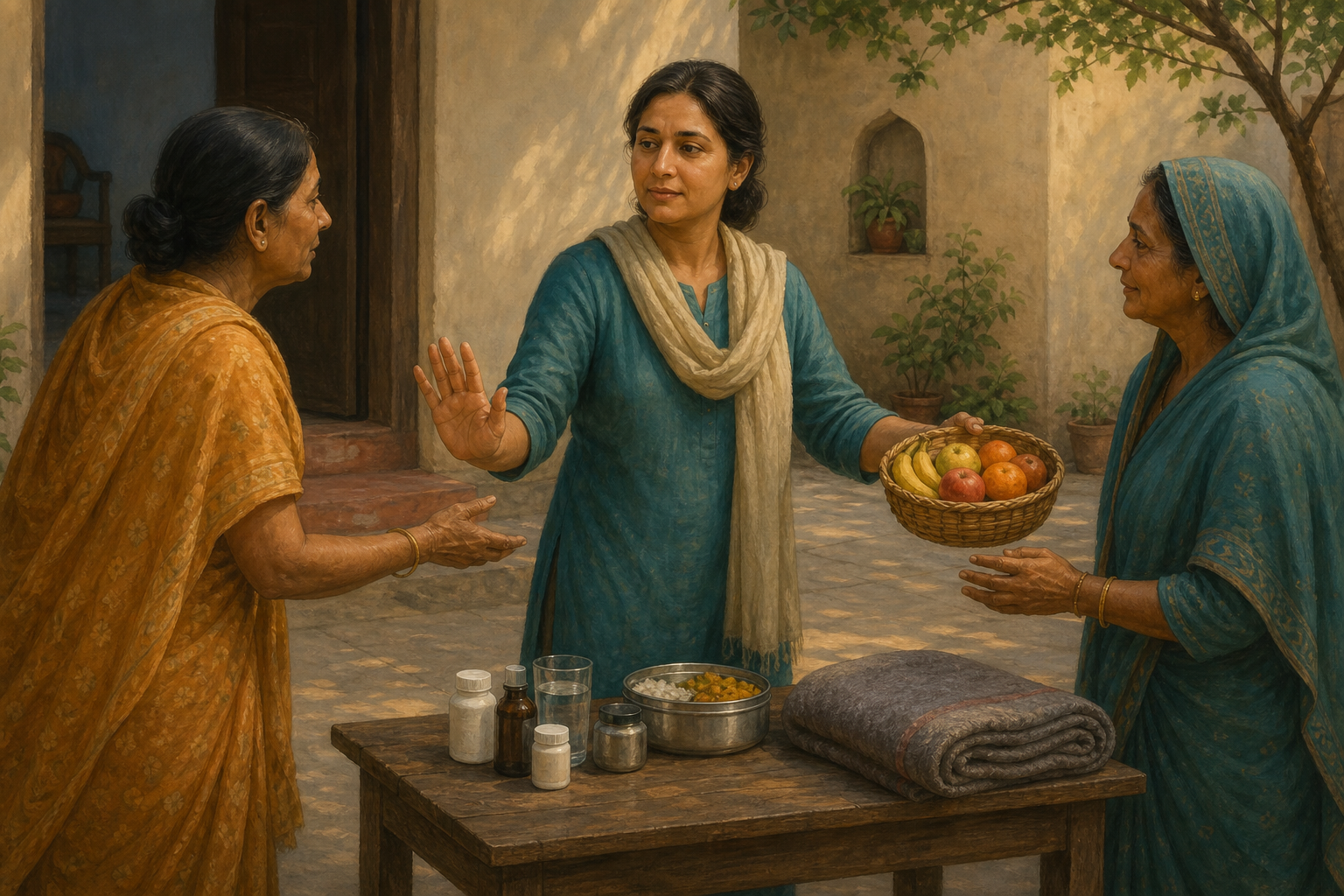A person offers a basket of fruit to a neighbor while calmly keeping medicine, food, and a blanket on the table beside them.
