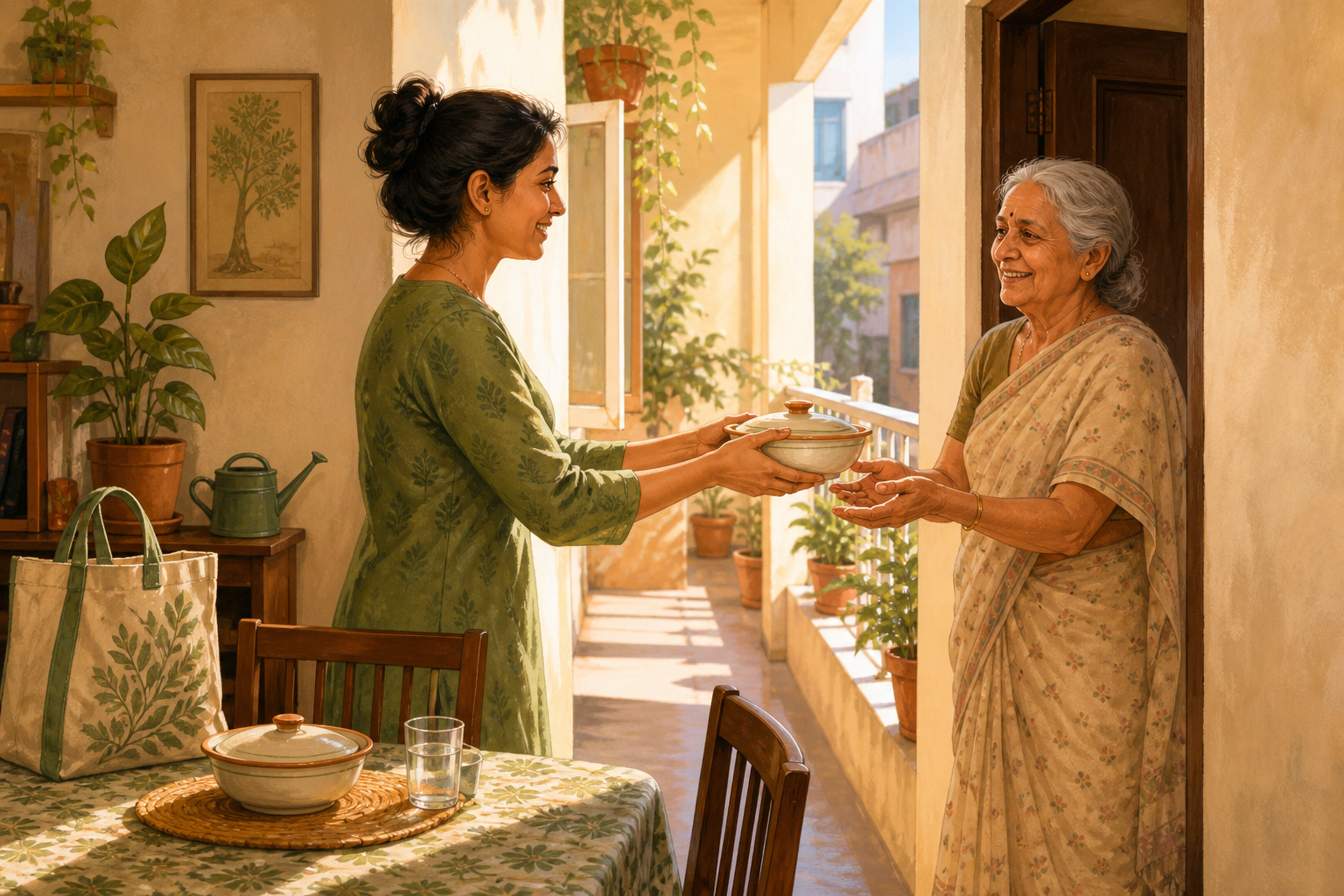 A person brings a covered bowl of food to an elderly neighbor while keeping another portion on their own table.