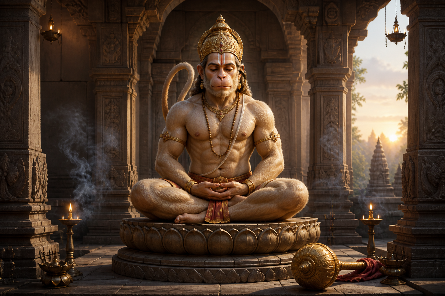 Yoga Hanuman sits cross-legged in meditation on a lotus pedestal, with lowered eyes, an upright posture, a curved tail, and a mace resting beside him in a softly lit temple alcove.